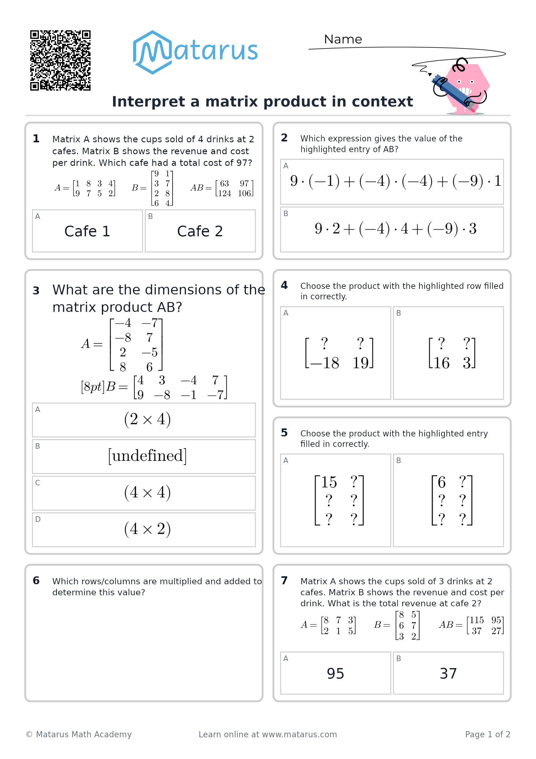 Free downloadable worksheet on grade 12 - Matrices