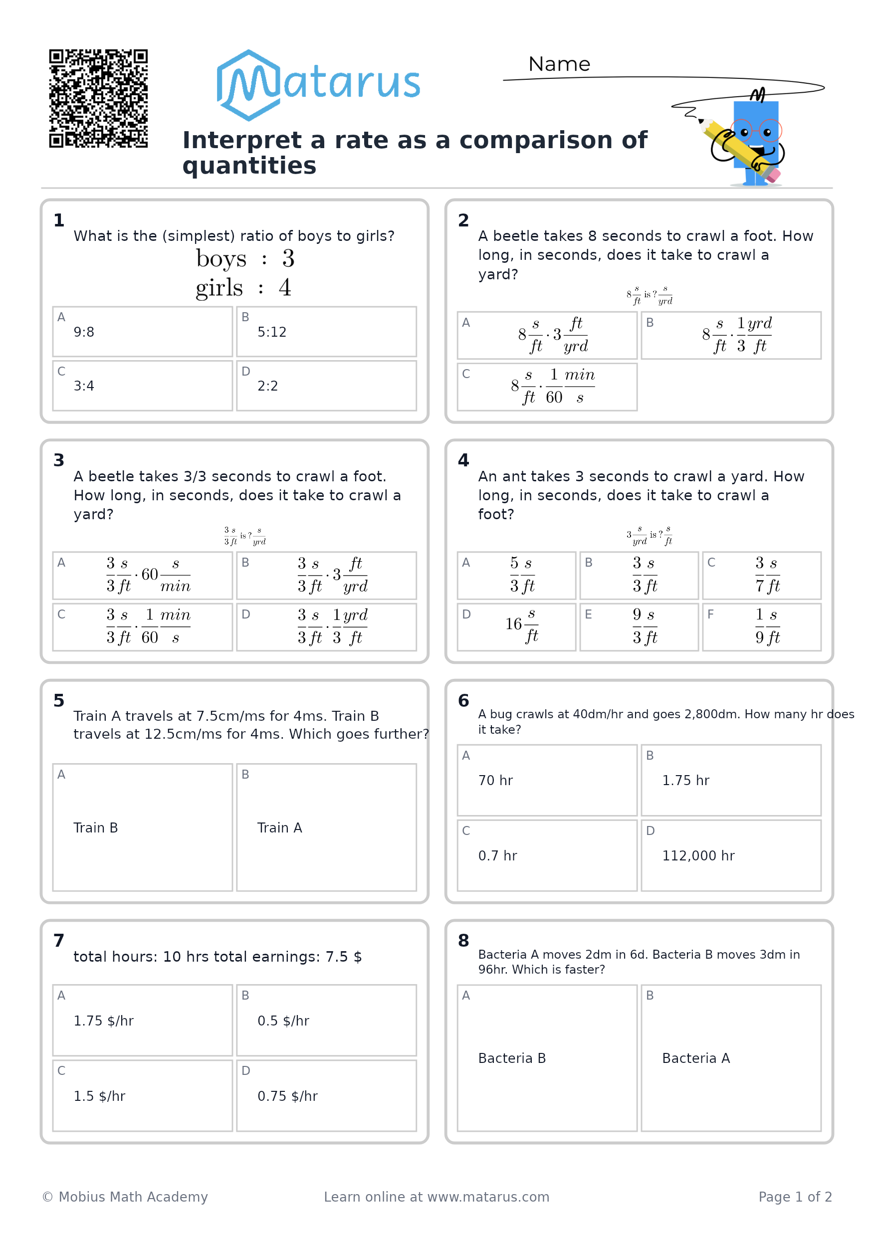 Free downloadable worksheet on grade 8 - Ratios, Rates, and Proportional Reasoning