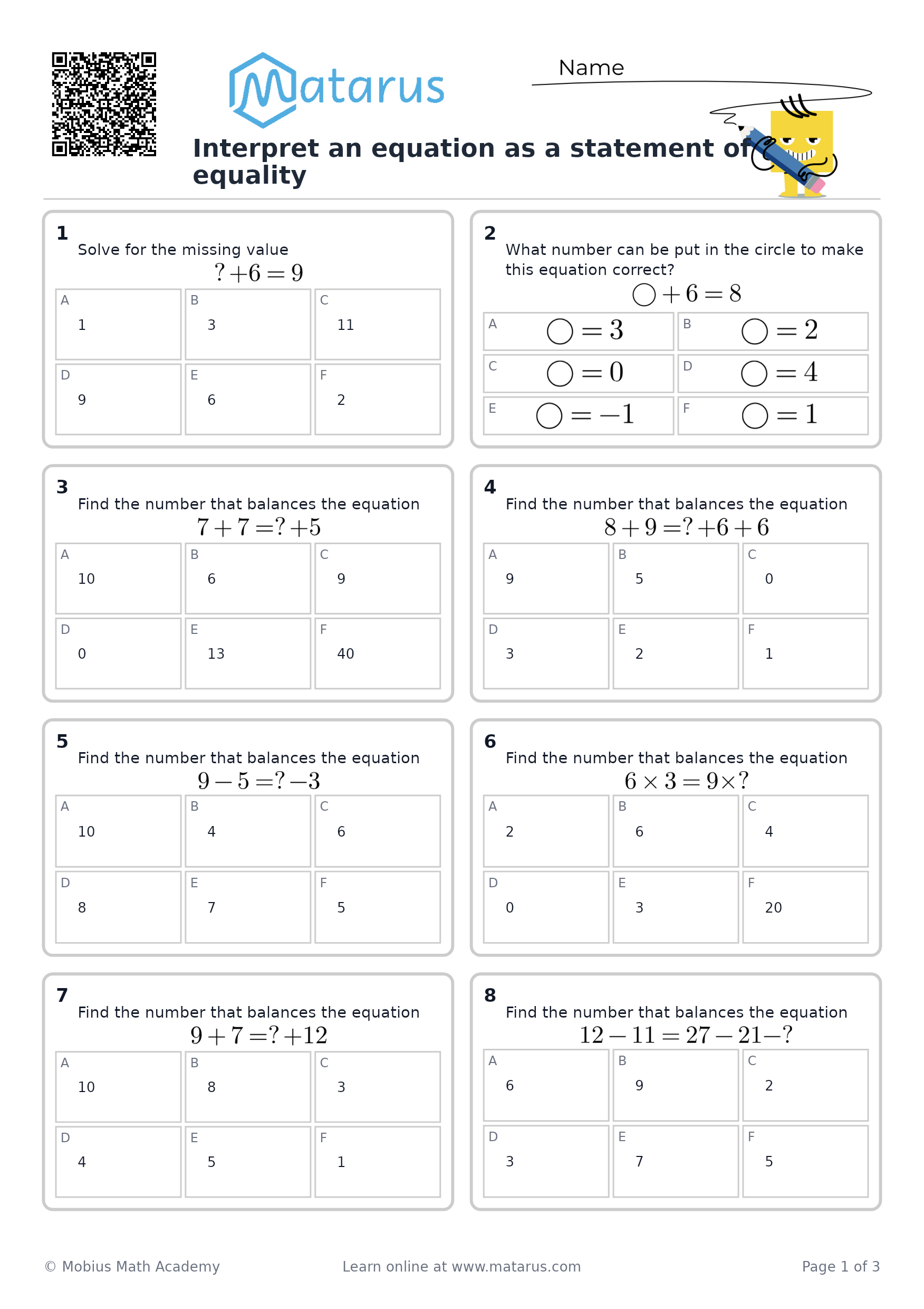 Free downloadable worksheet on grade 7 - Equations and Inequalities