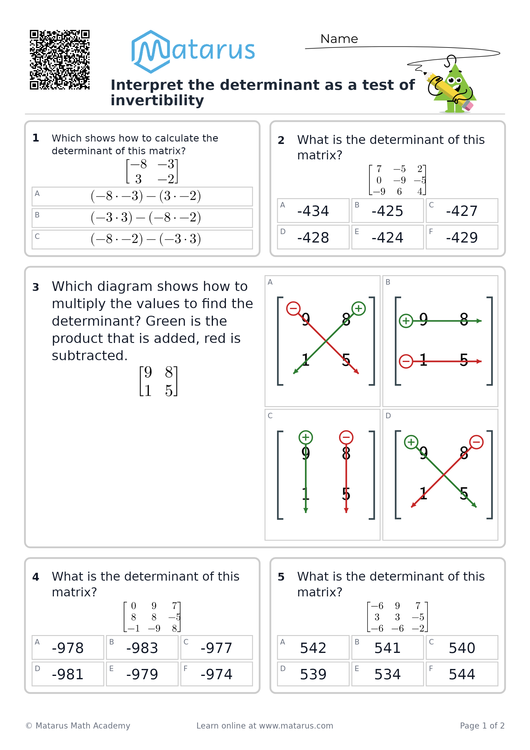 Free downloadable worksheet on grade 12 - Matrices