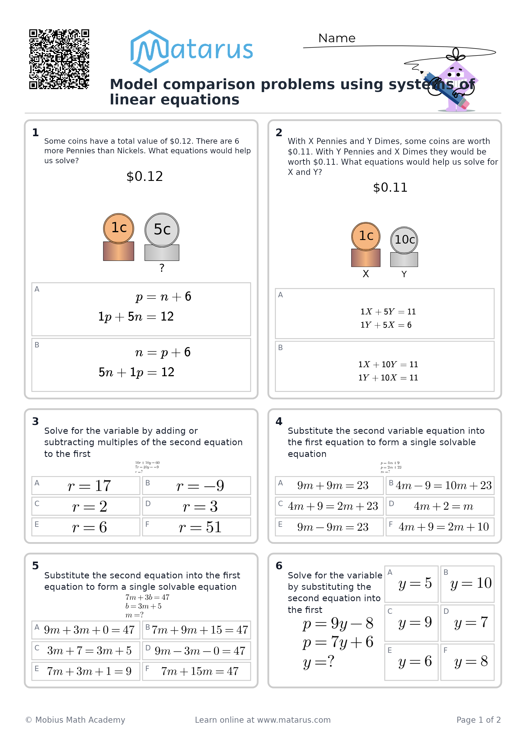 Free downloadable worksheet on grade 9 - Systems of Linear Equations