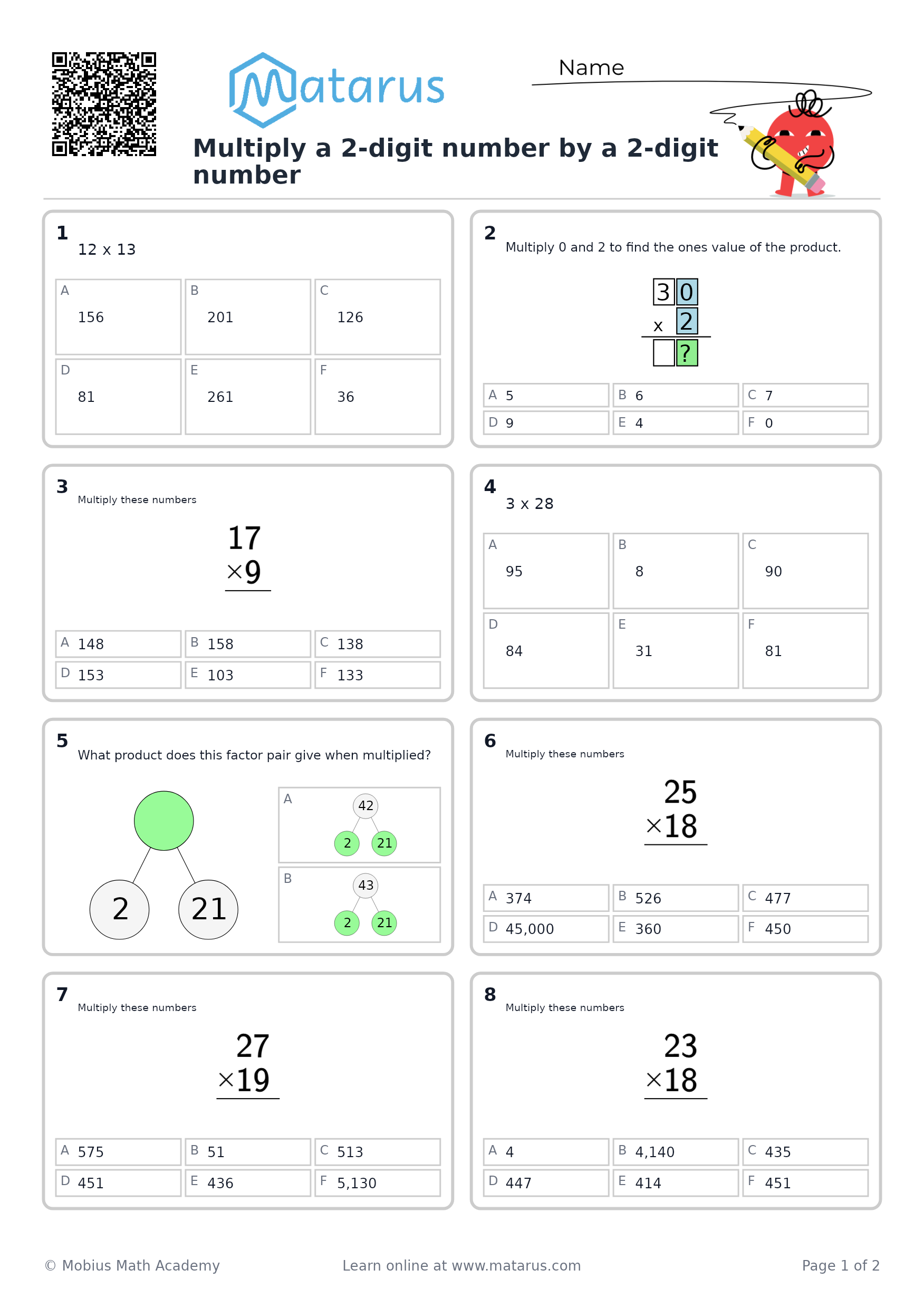 Free downloadable worksheet on grade 5 - Multiplication