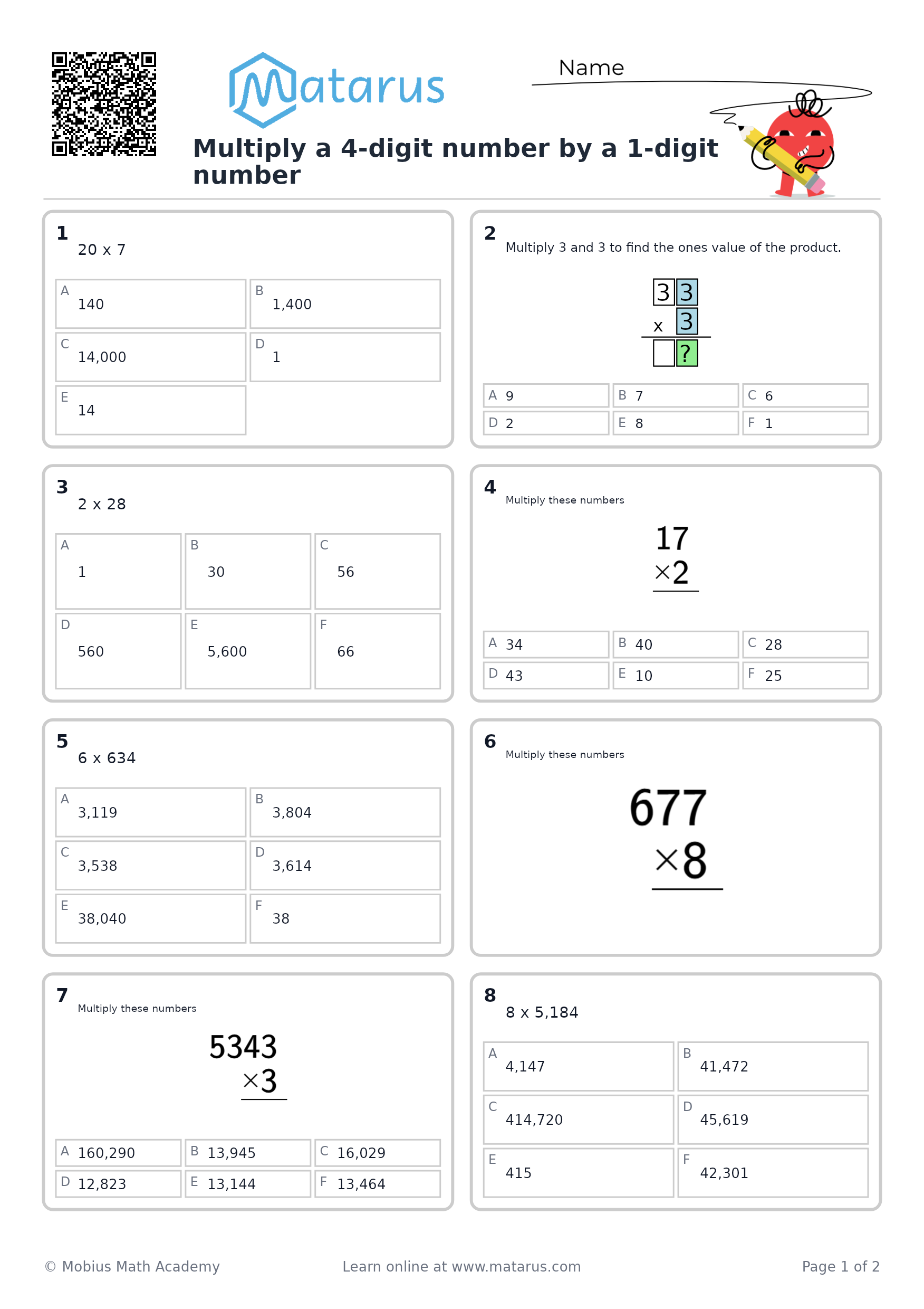Free downloadable worksheet on grade 4 - Multiplication