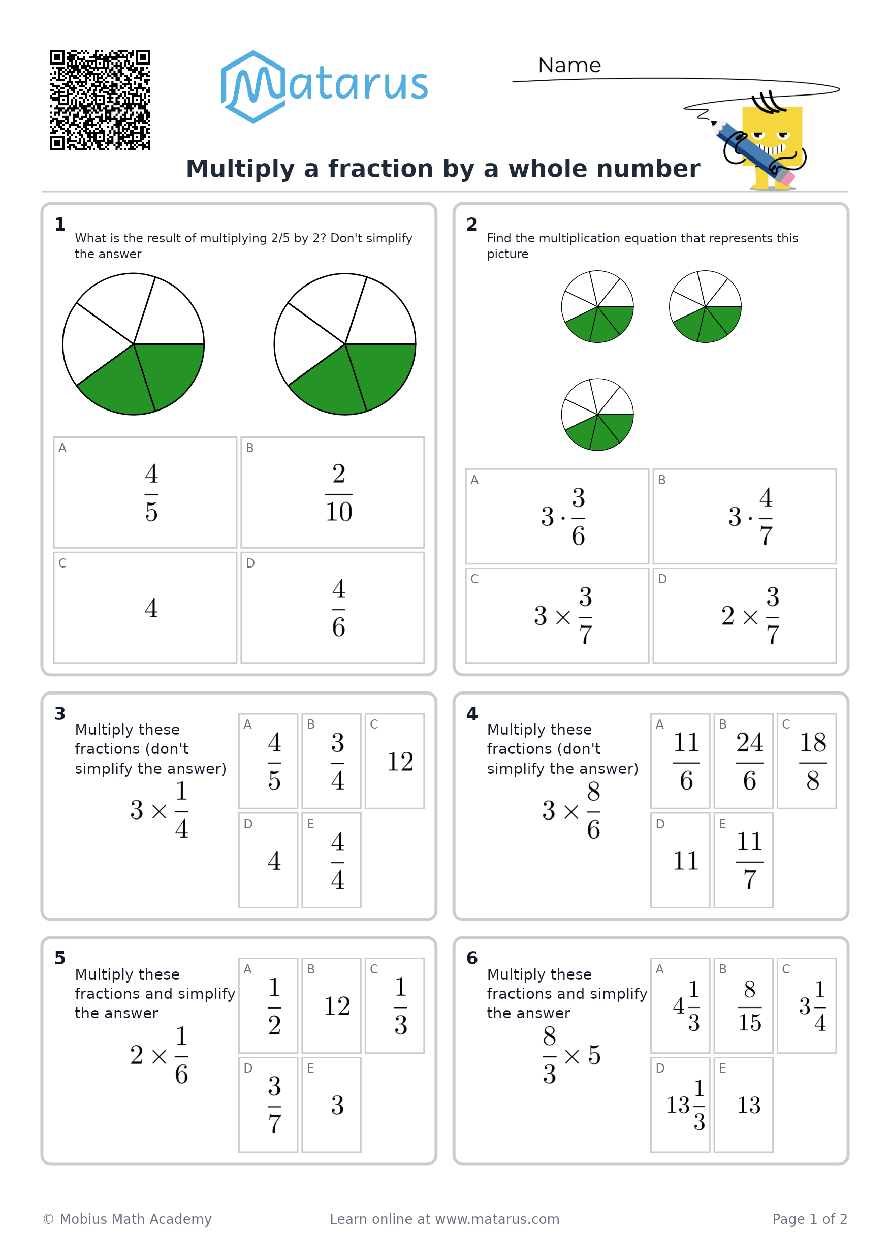 Free downloadable worksheet on grade 6 - Fractions