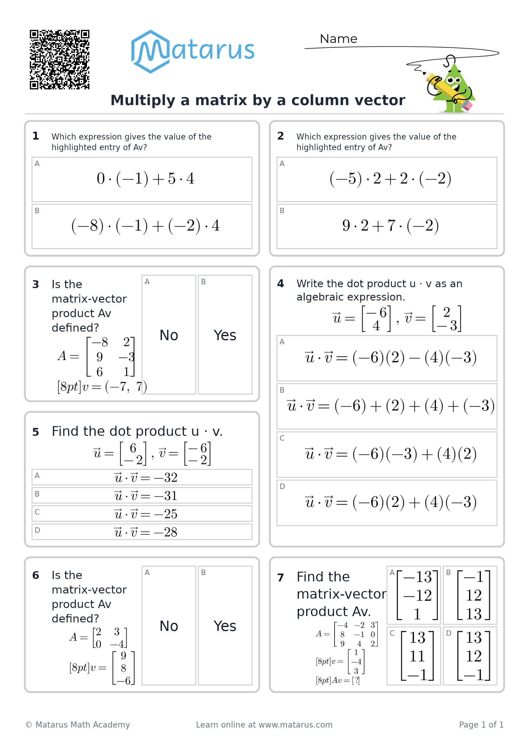 Free downloadable worksheet on grade 12 - Matrices