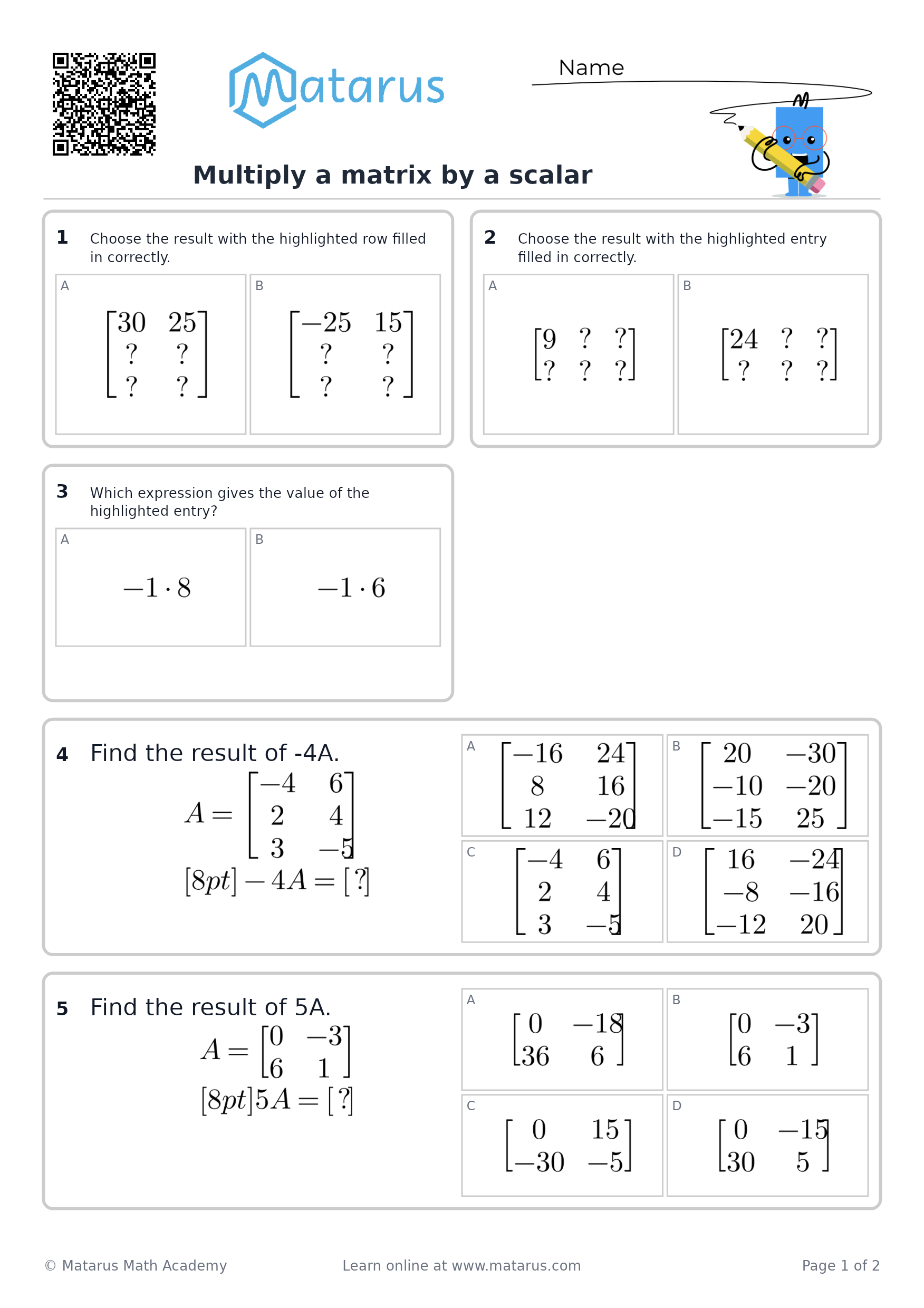 Free downloadable worksheet on grade 12 - Matrices