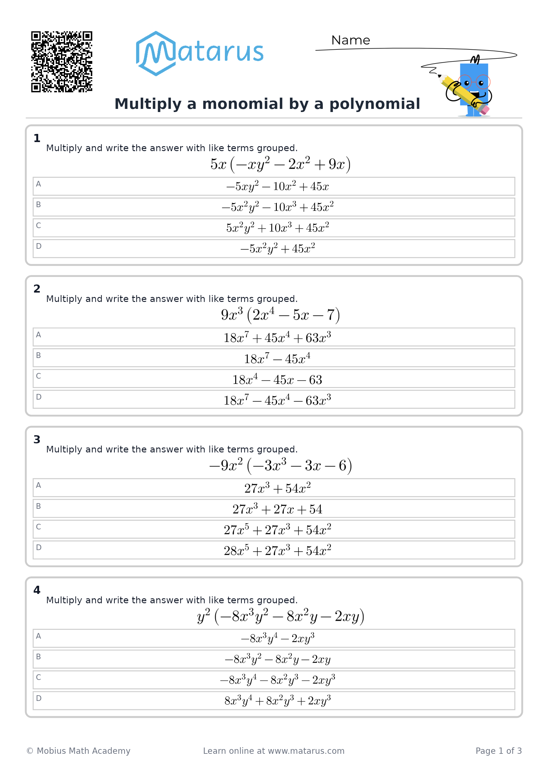 Free downloadable worksheet on grade 10 - Polynomial Operations