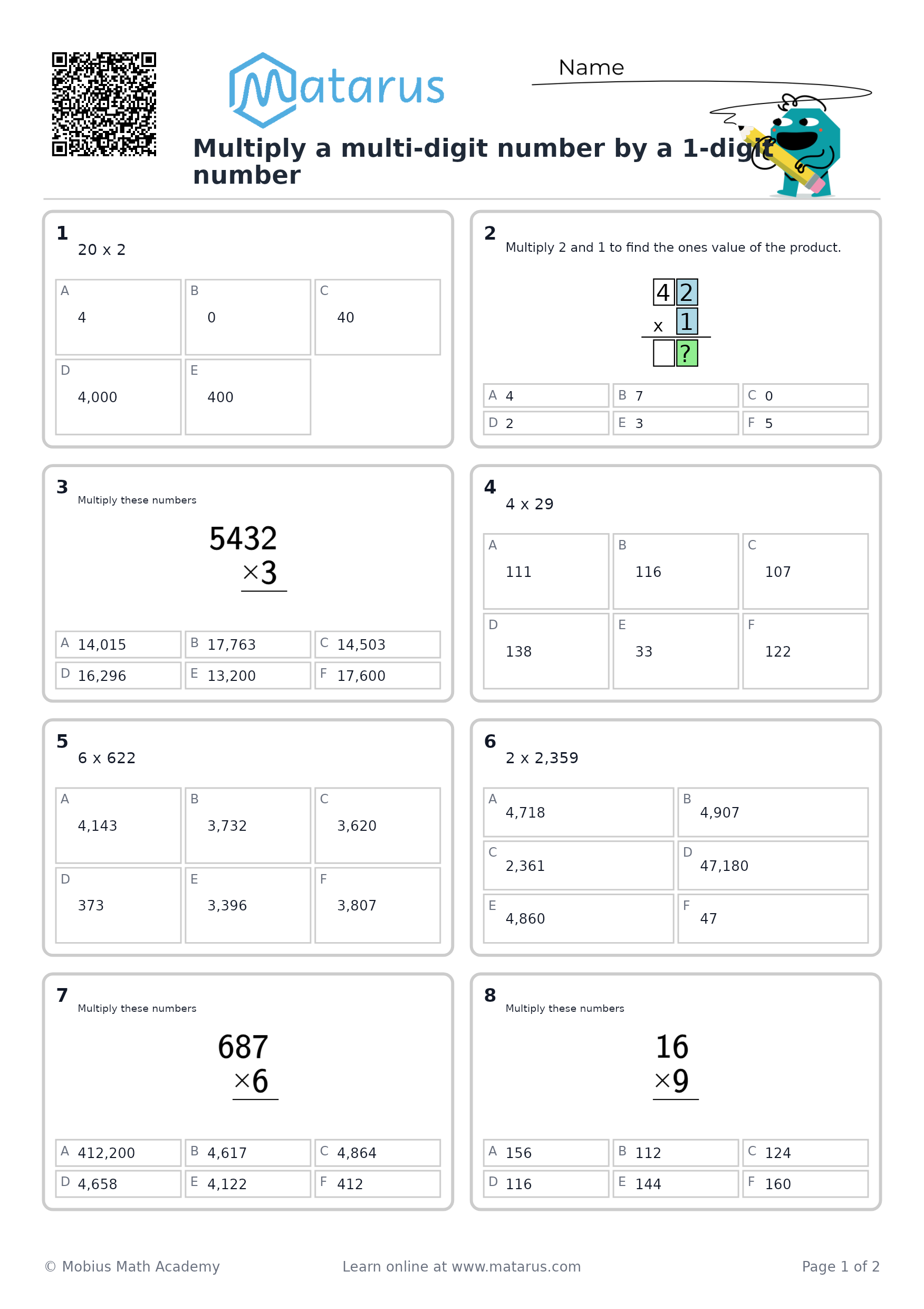 Free downloadable worksheet on grade 4 - Multiplication