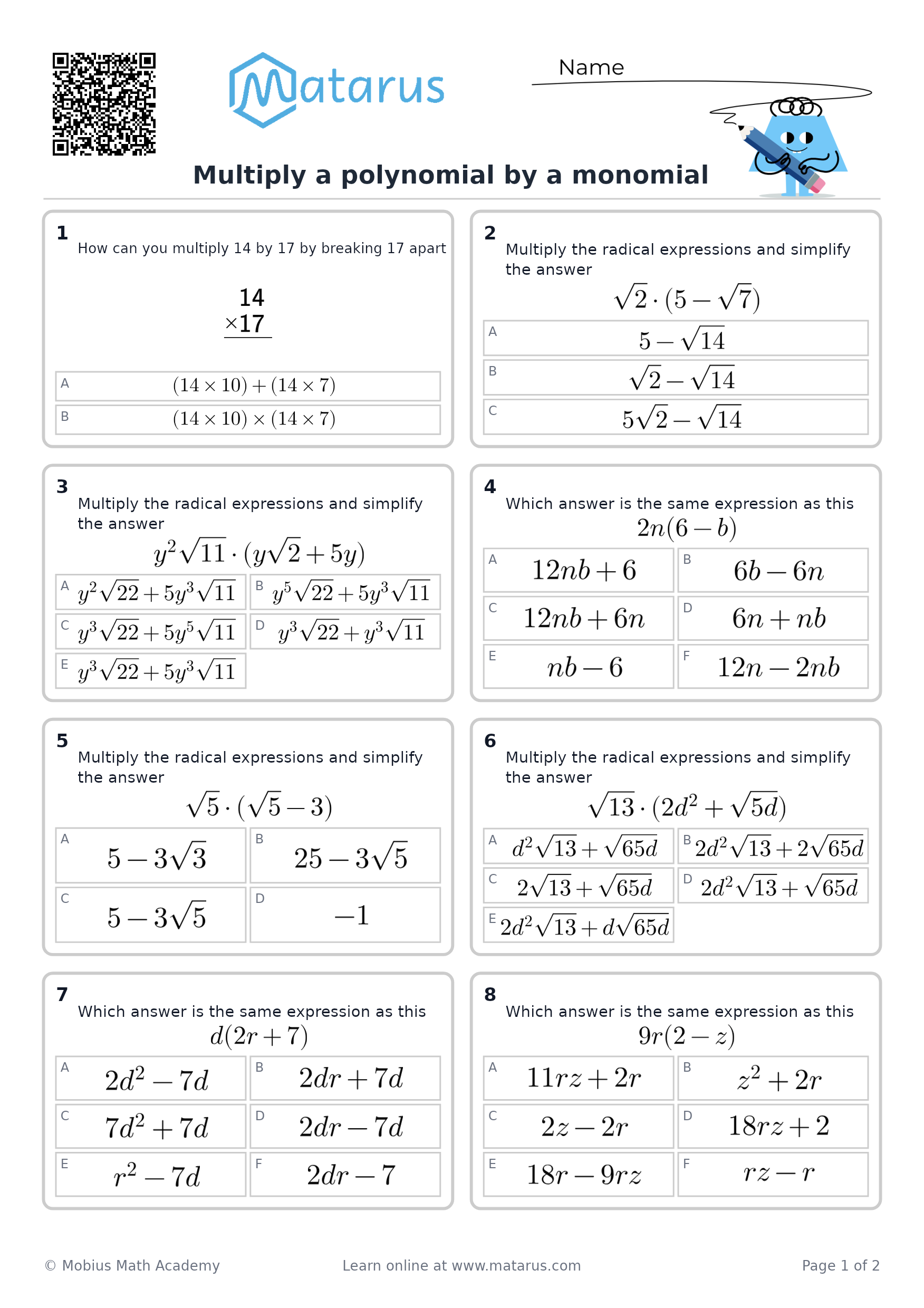 Free downloadable worksheet on grade 9 - Polynomials