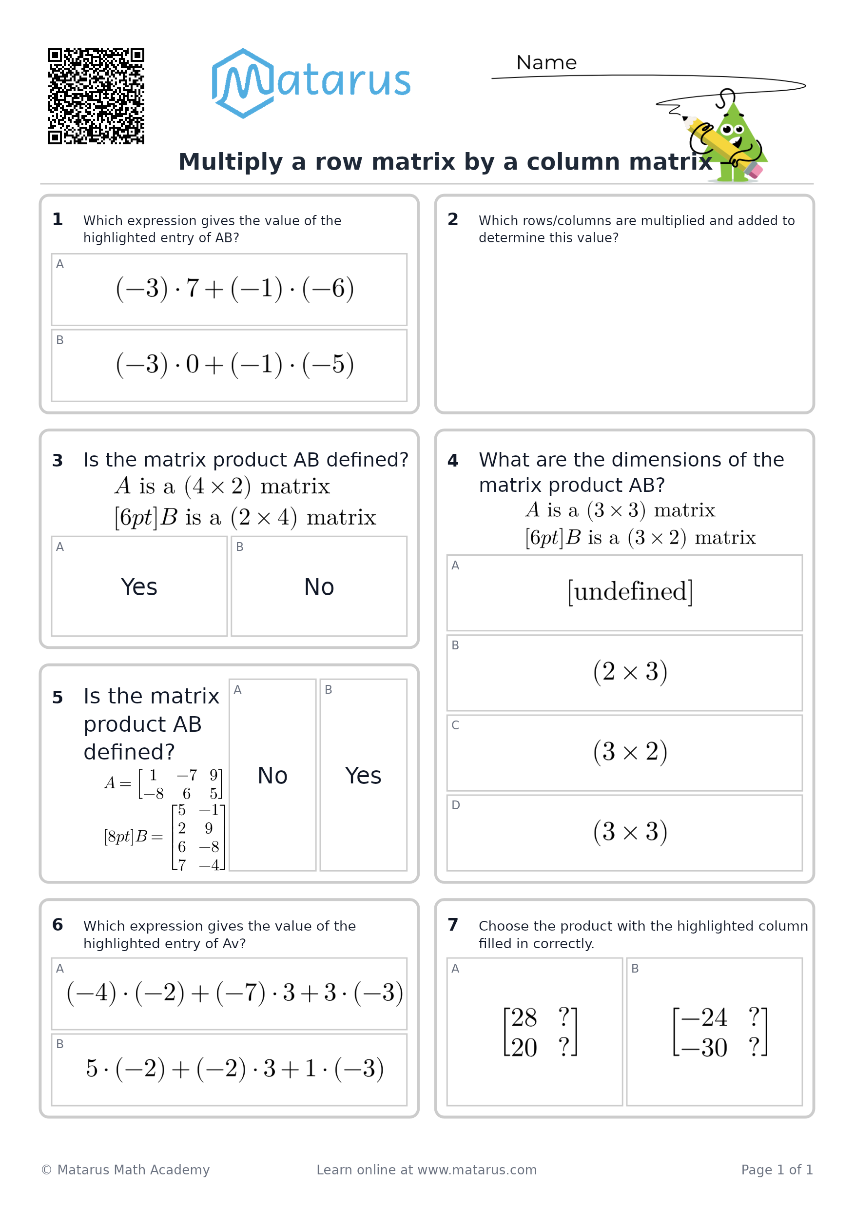 Free downloadable worksheet on grade 12 - Matrices