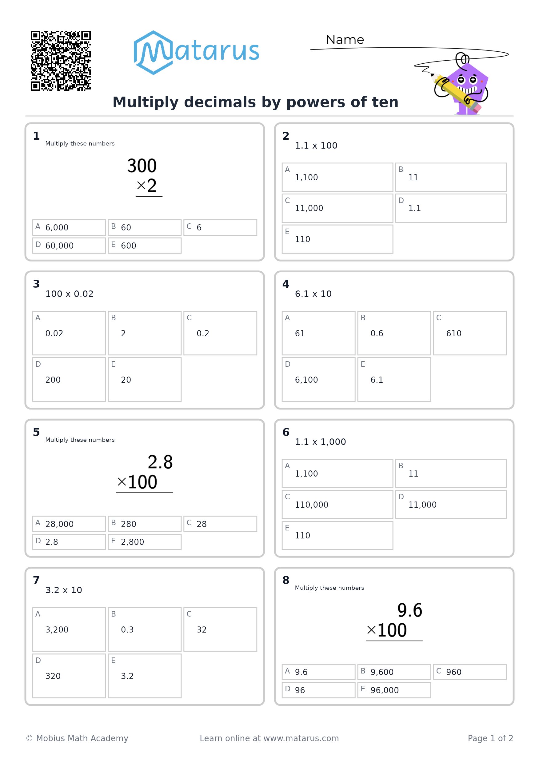 Free downloadable worksheet on grade 6 - Decimals