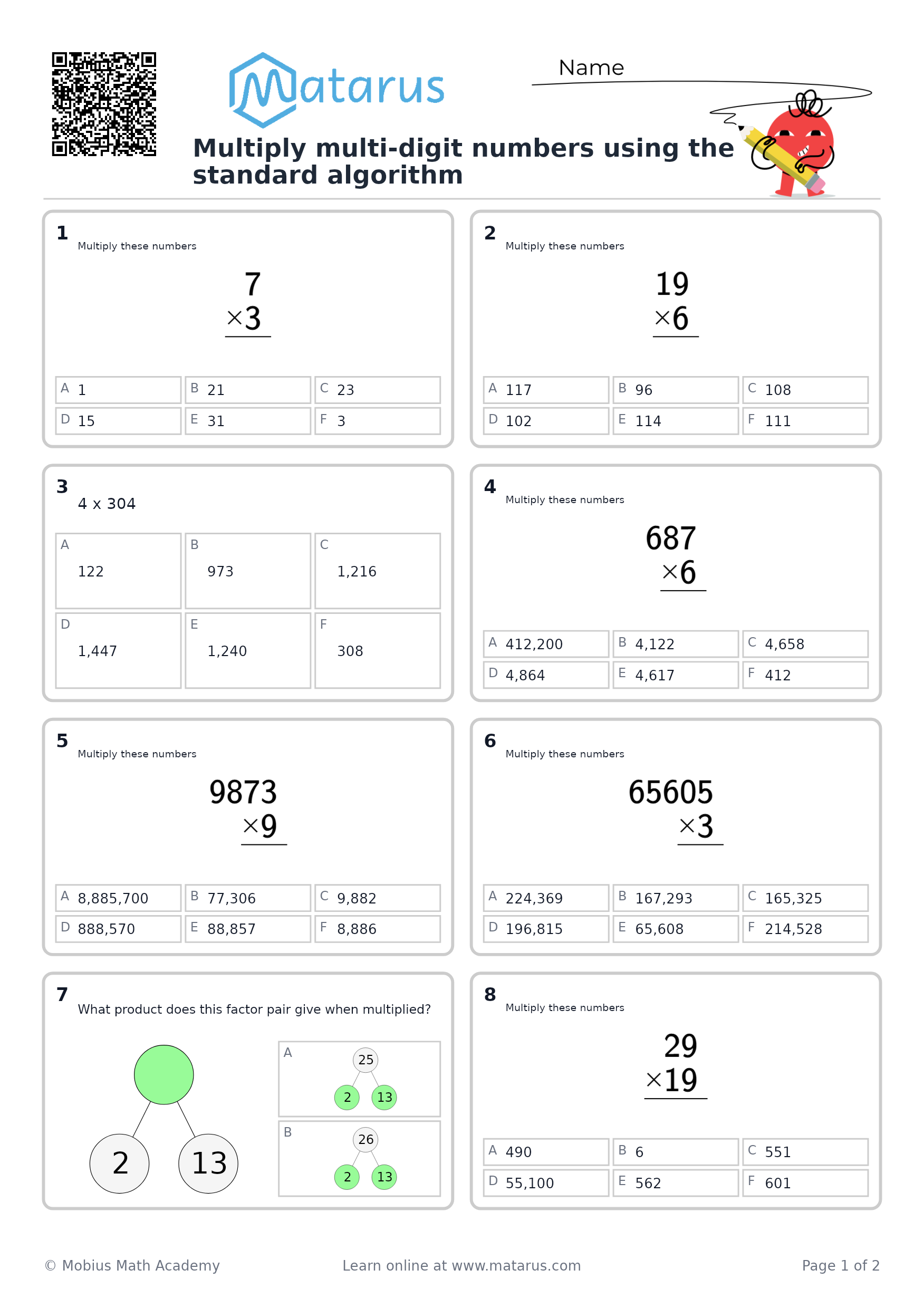 Free downloadable worksheet on grade 5 - Multiplication