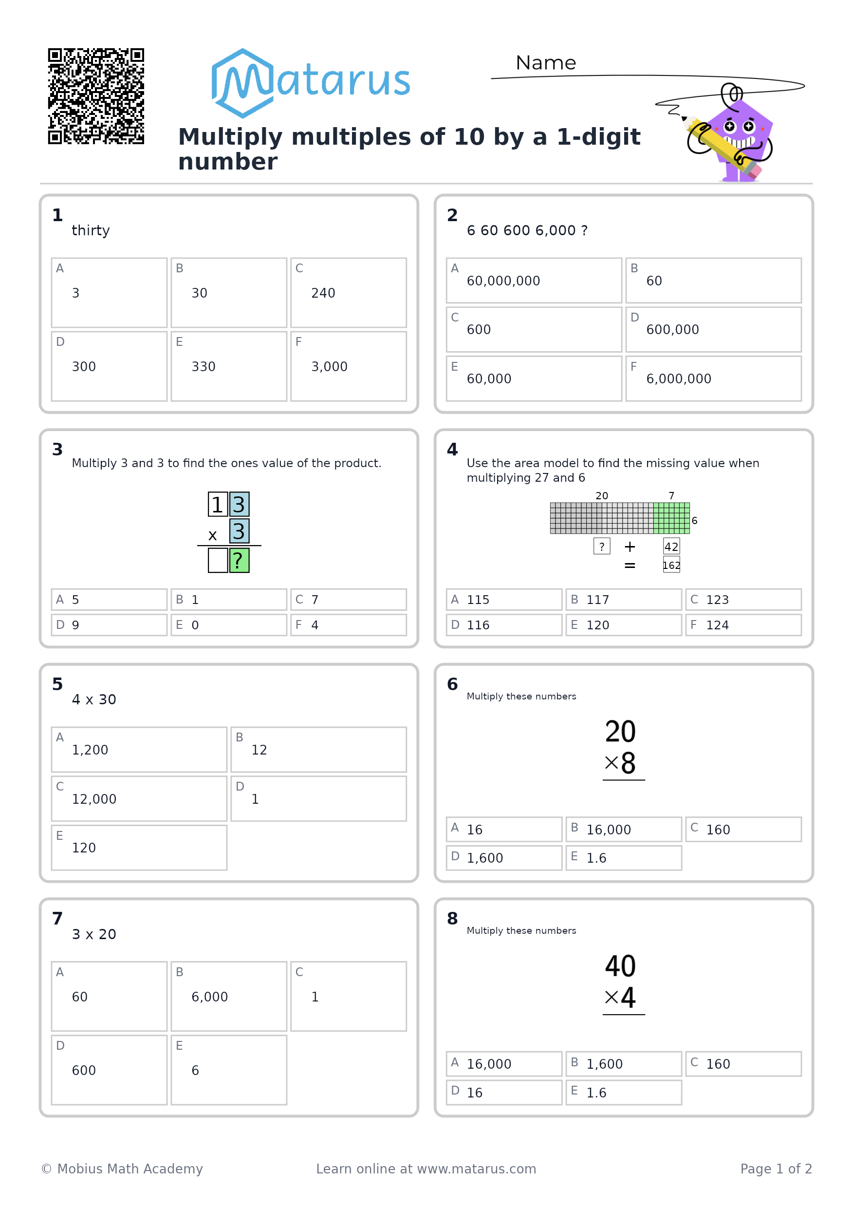 Free downloadable worksheet on grade 3 - Multiplication