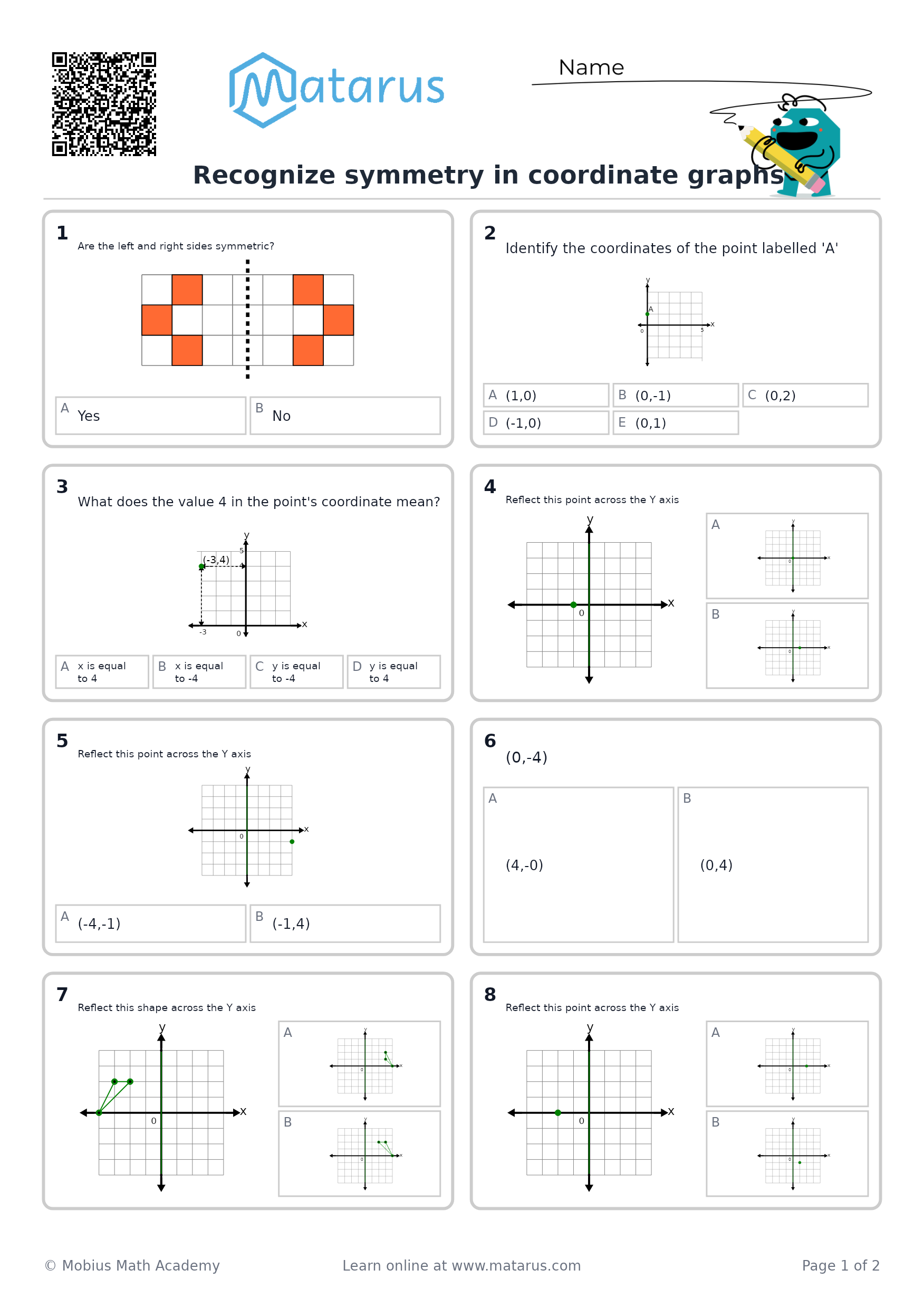 Free downloadable worksheet on grade 6 - Integers and the Coordinate Plane