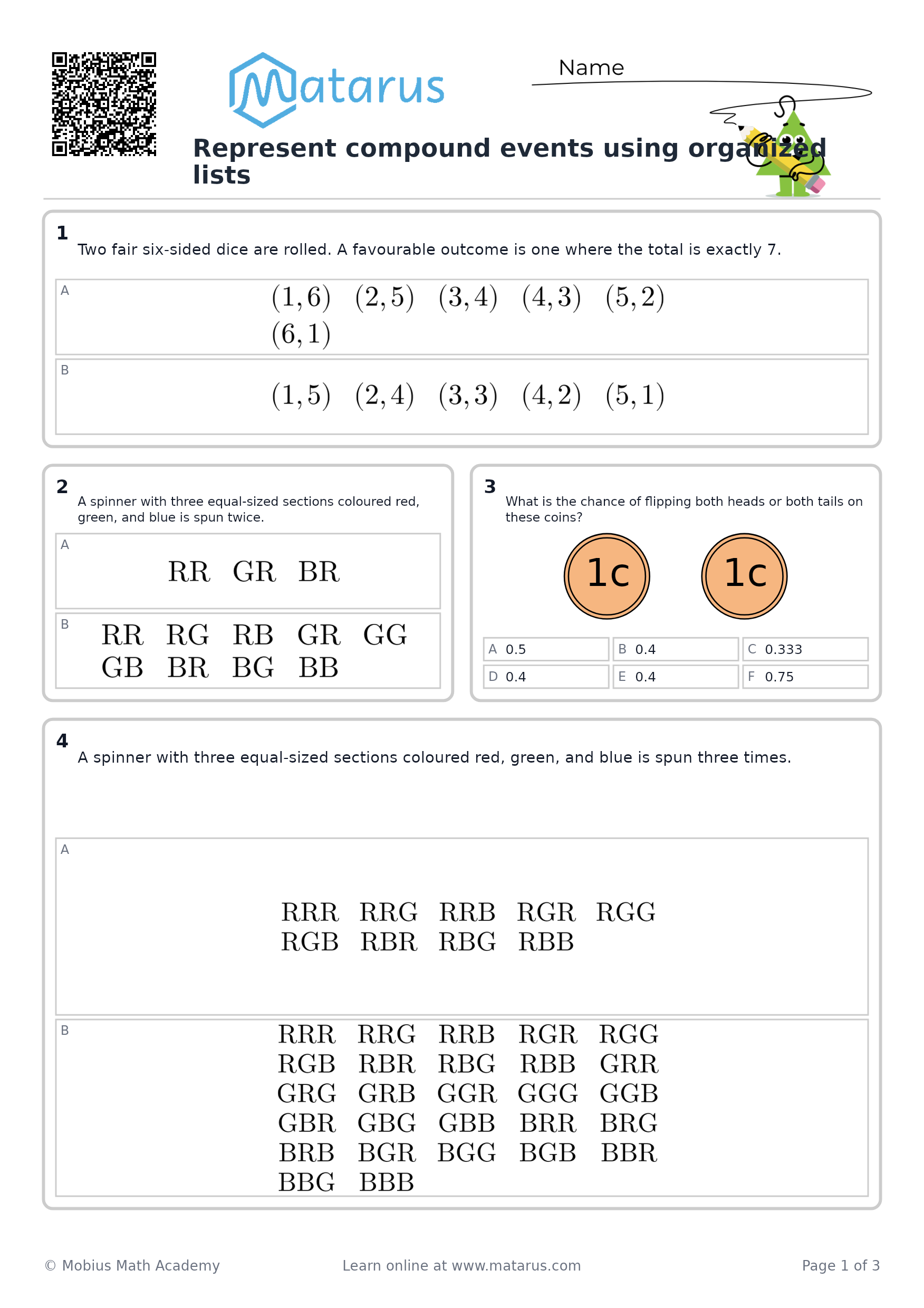 Free downloadable worksheet on grade 8 - Probability and Financial Literacy