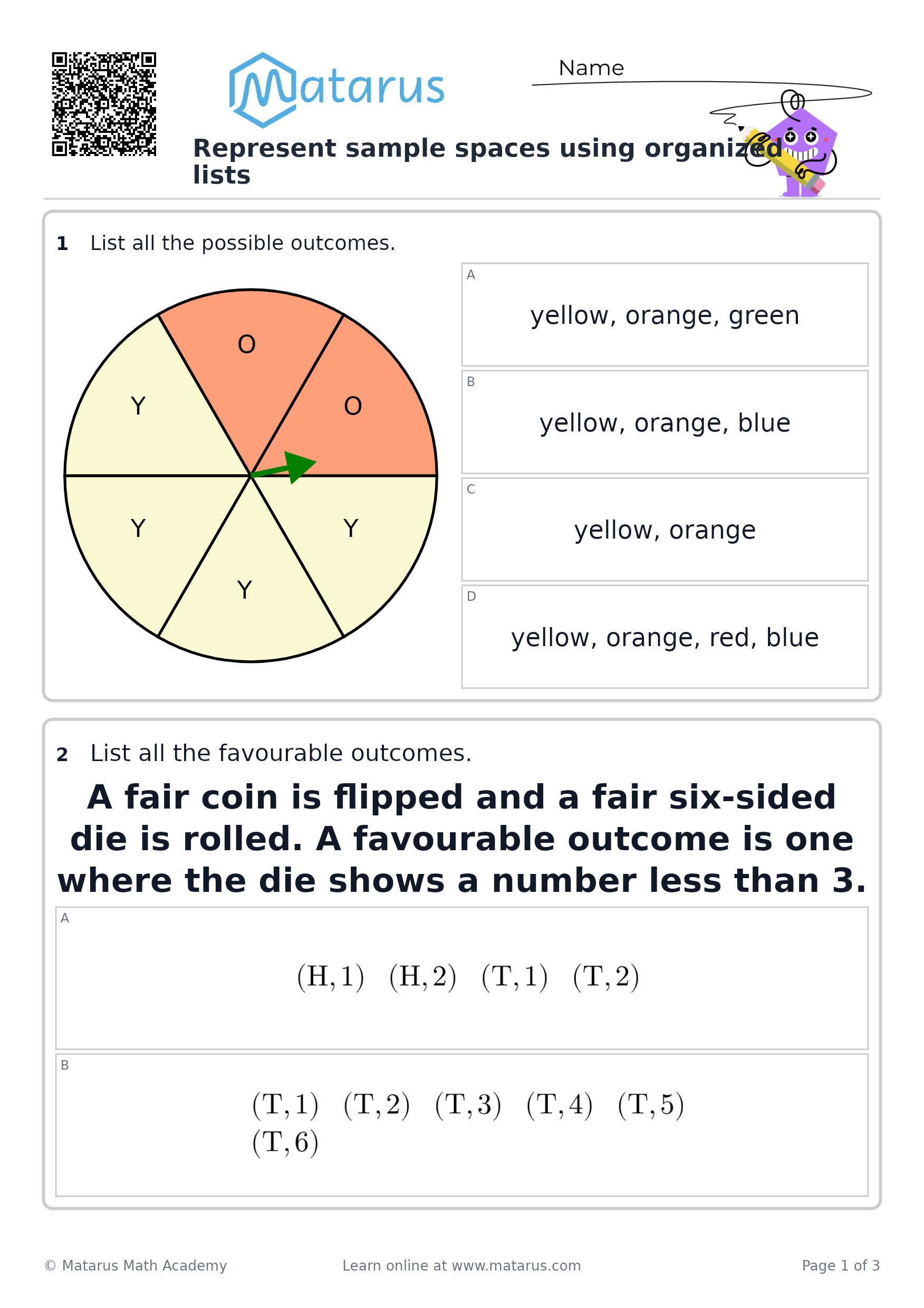 Free downloadable worksheet on grade 7 - Probability and Financial Literacy