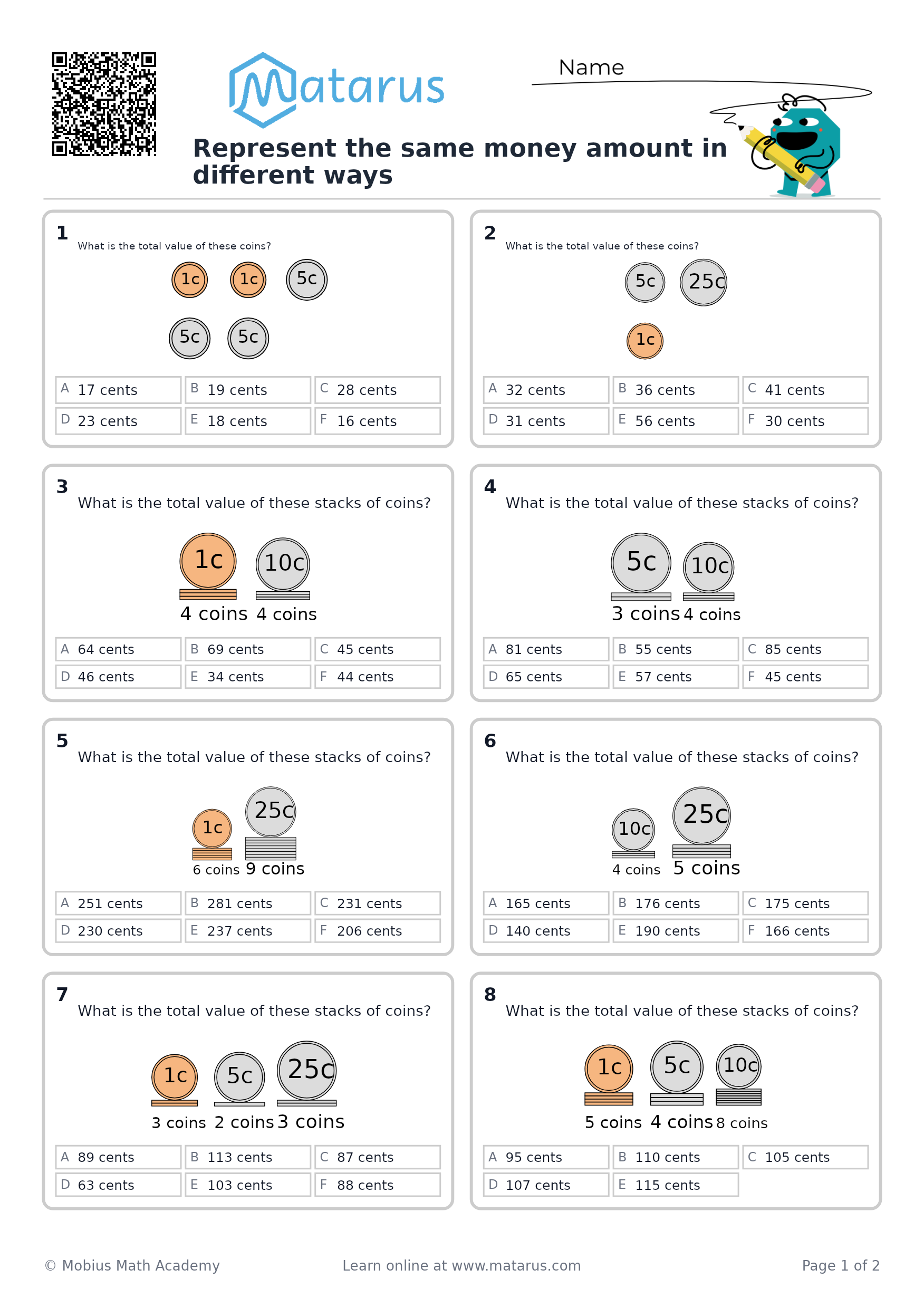 Free downloadable worksheet on grade 3 - Decimals and Money