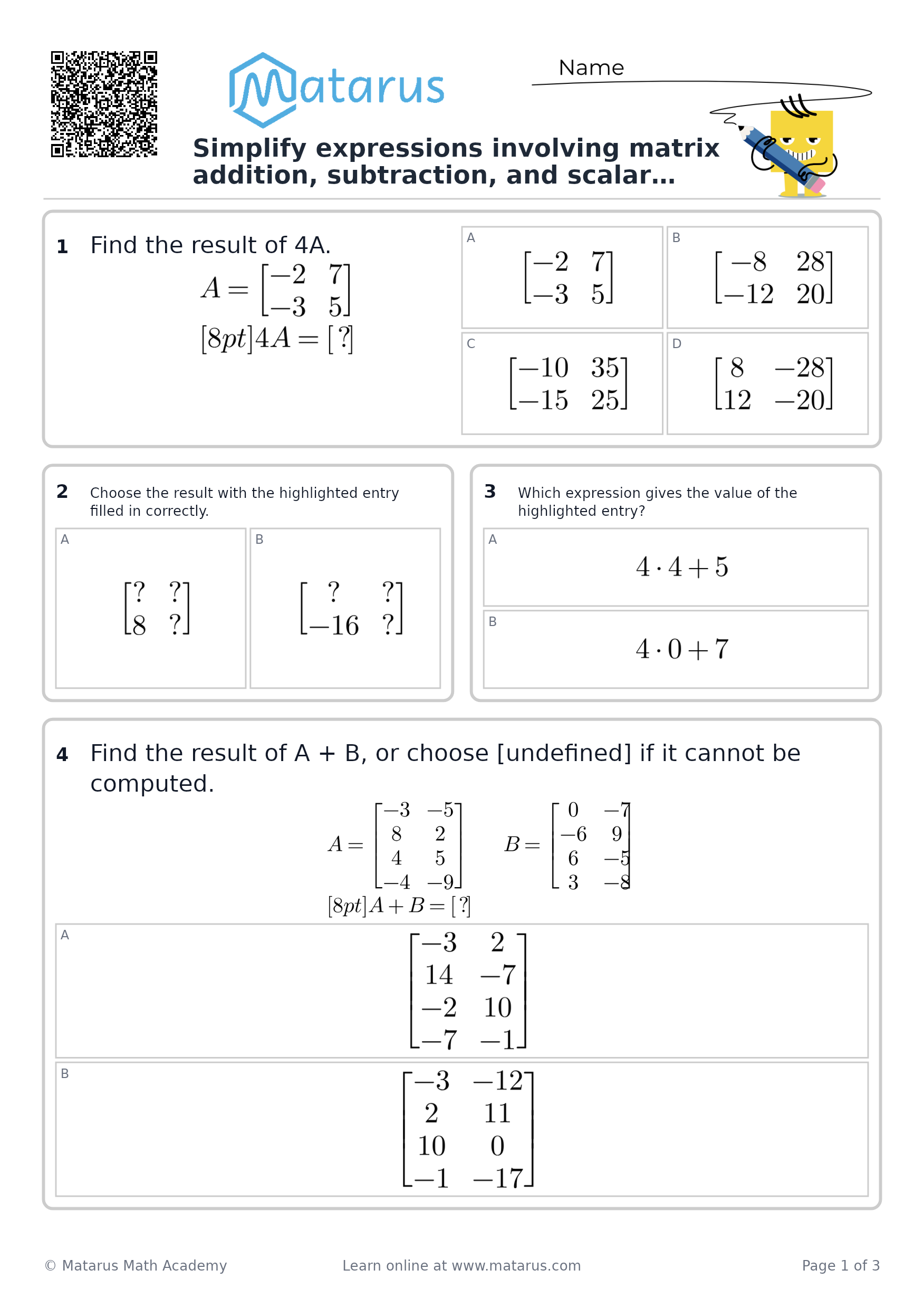Free downloadable worksheet on grade 12 - Matrices