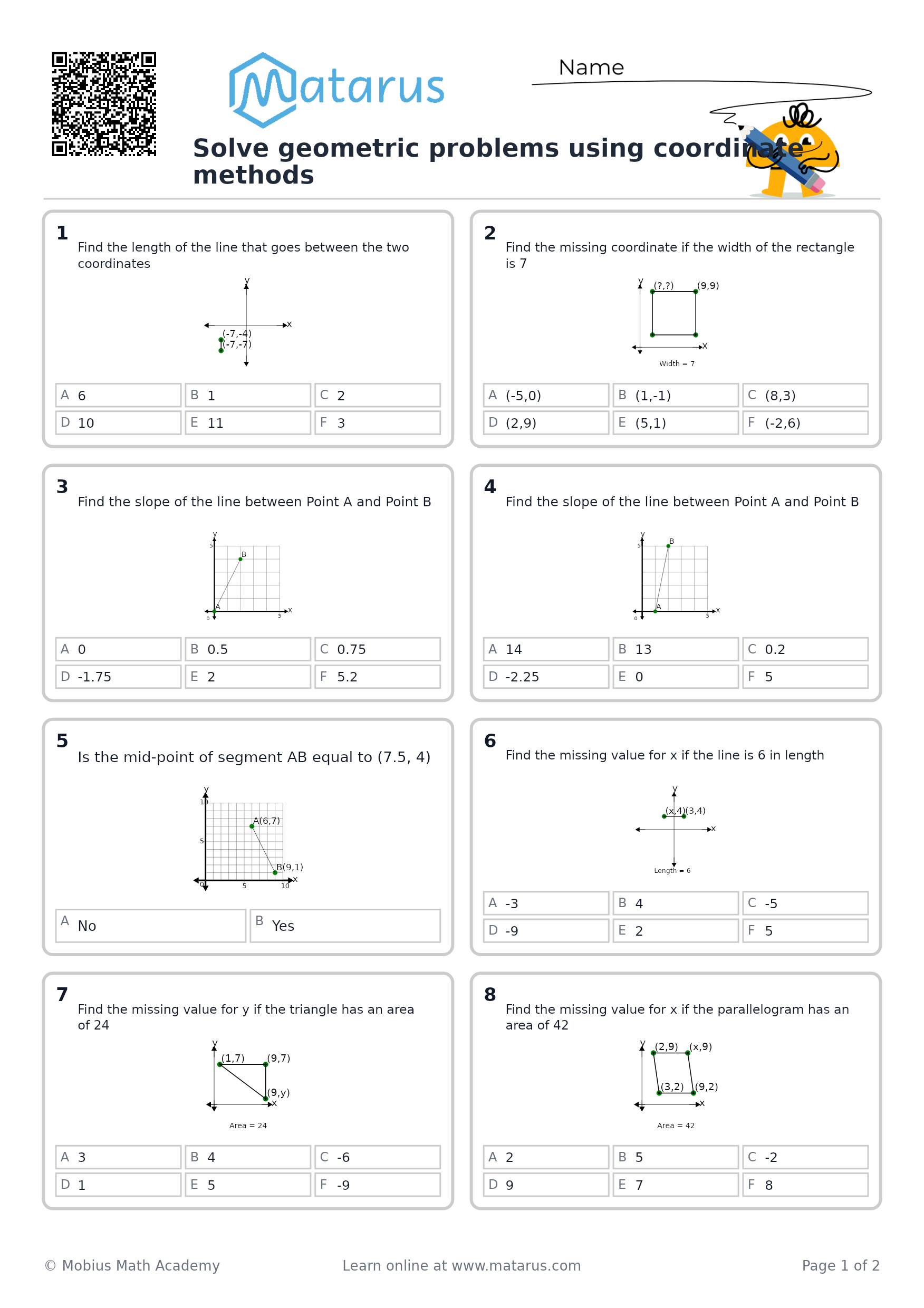Free downloadable worksheet on grade 9 - Coordinate Geometry