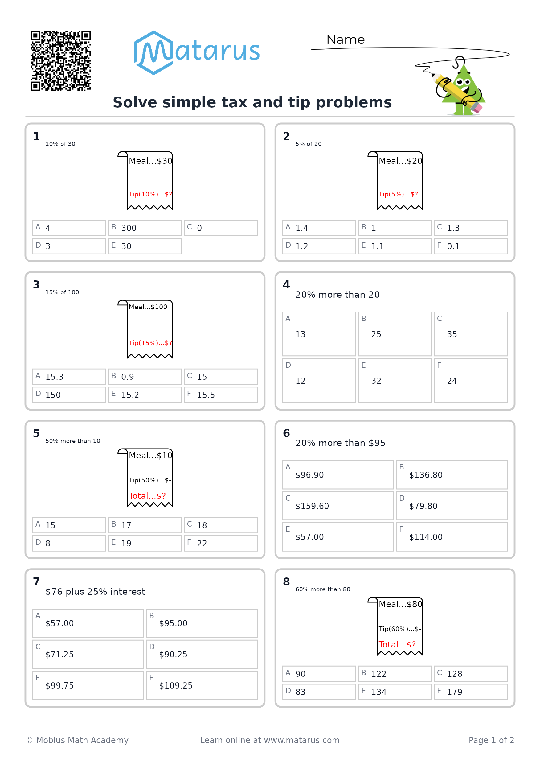 Free downloadable worksheet on grade 6 - Ratios, Rates, and Percent