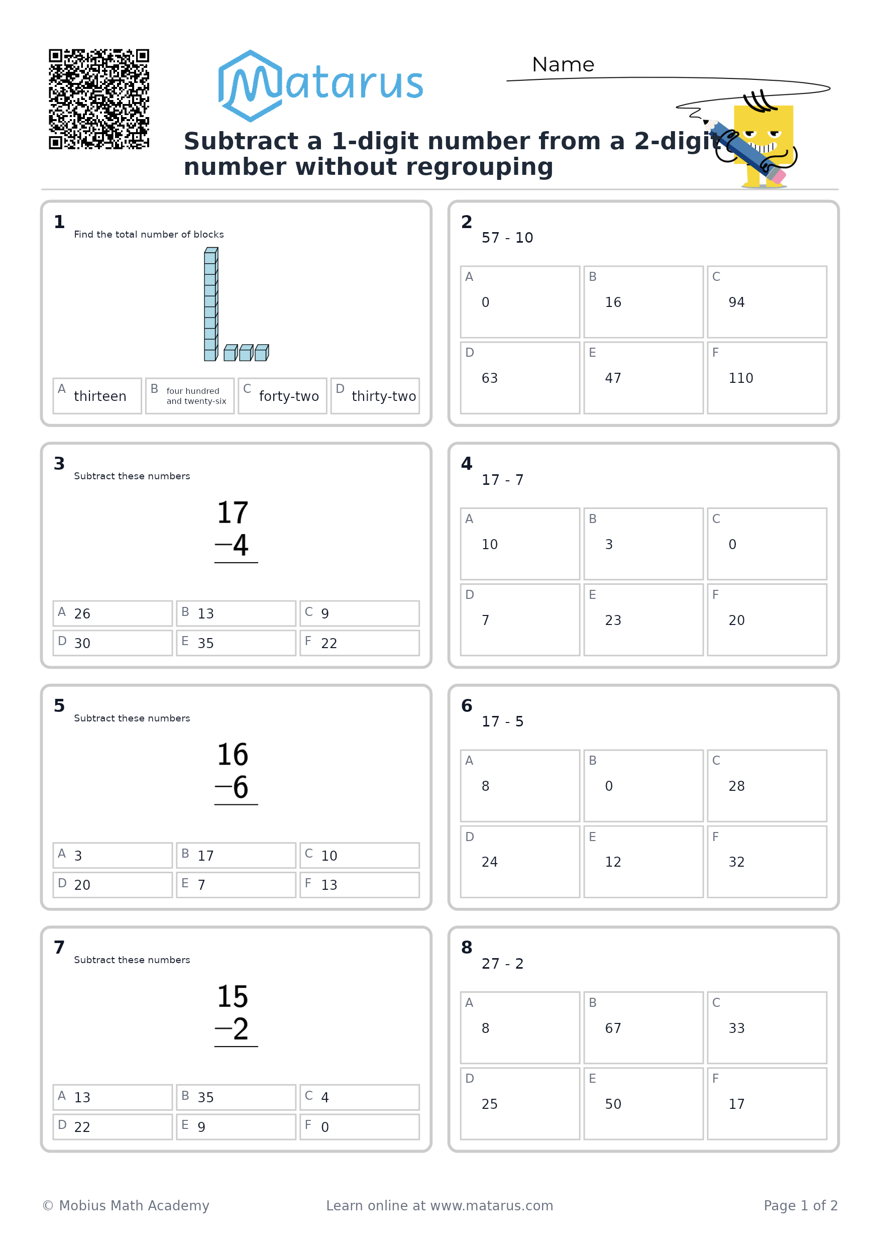 Free downloadable worksheet on grade 2 - Addition and Subtraction
