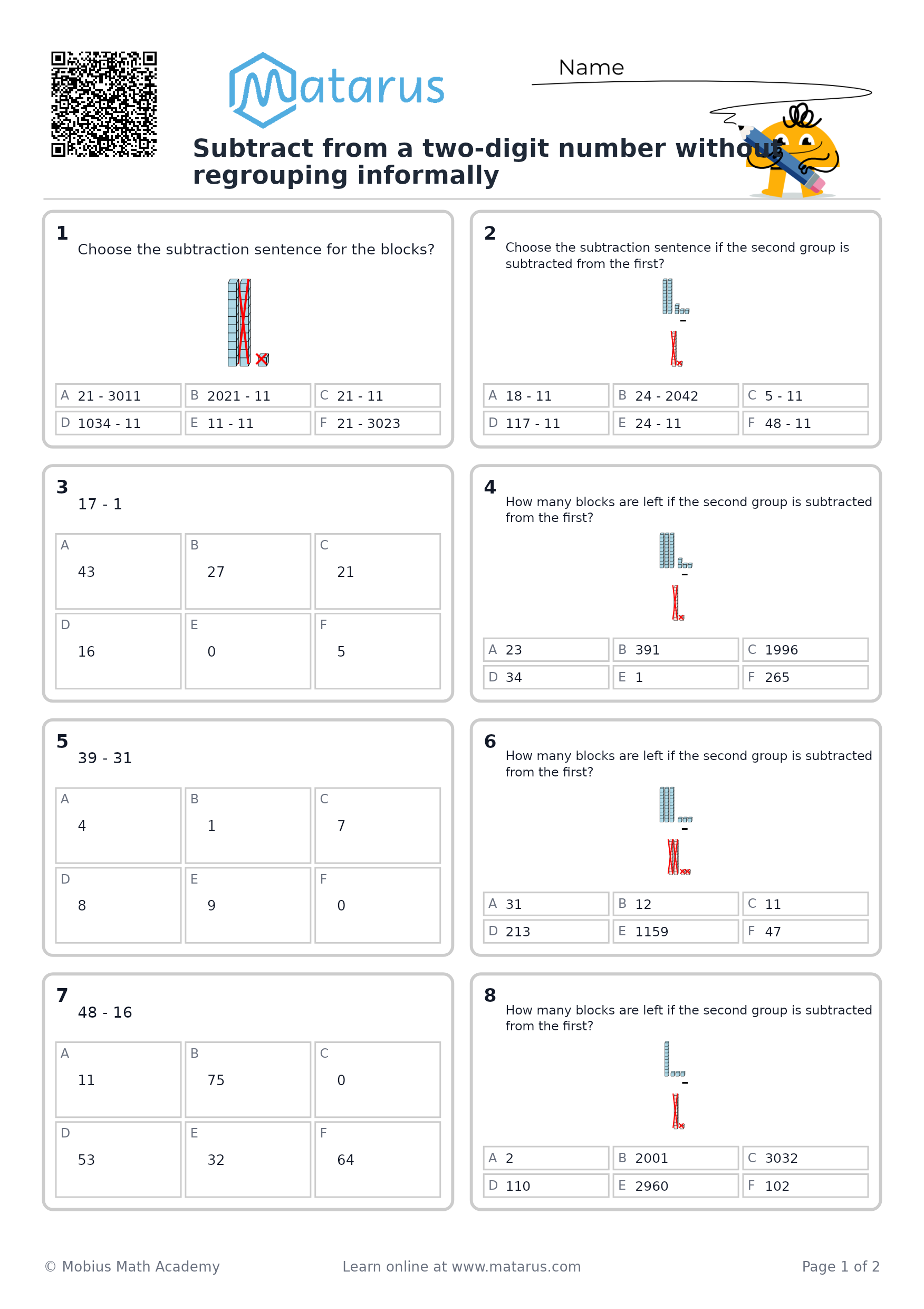 Free downloadable worksheet on grade 1 - Addition and Subtraction