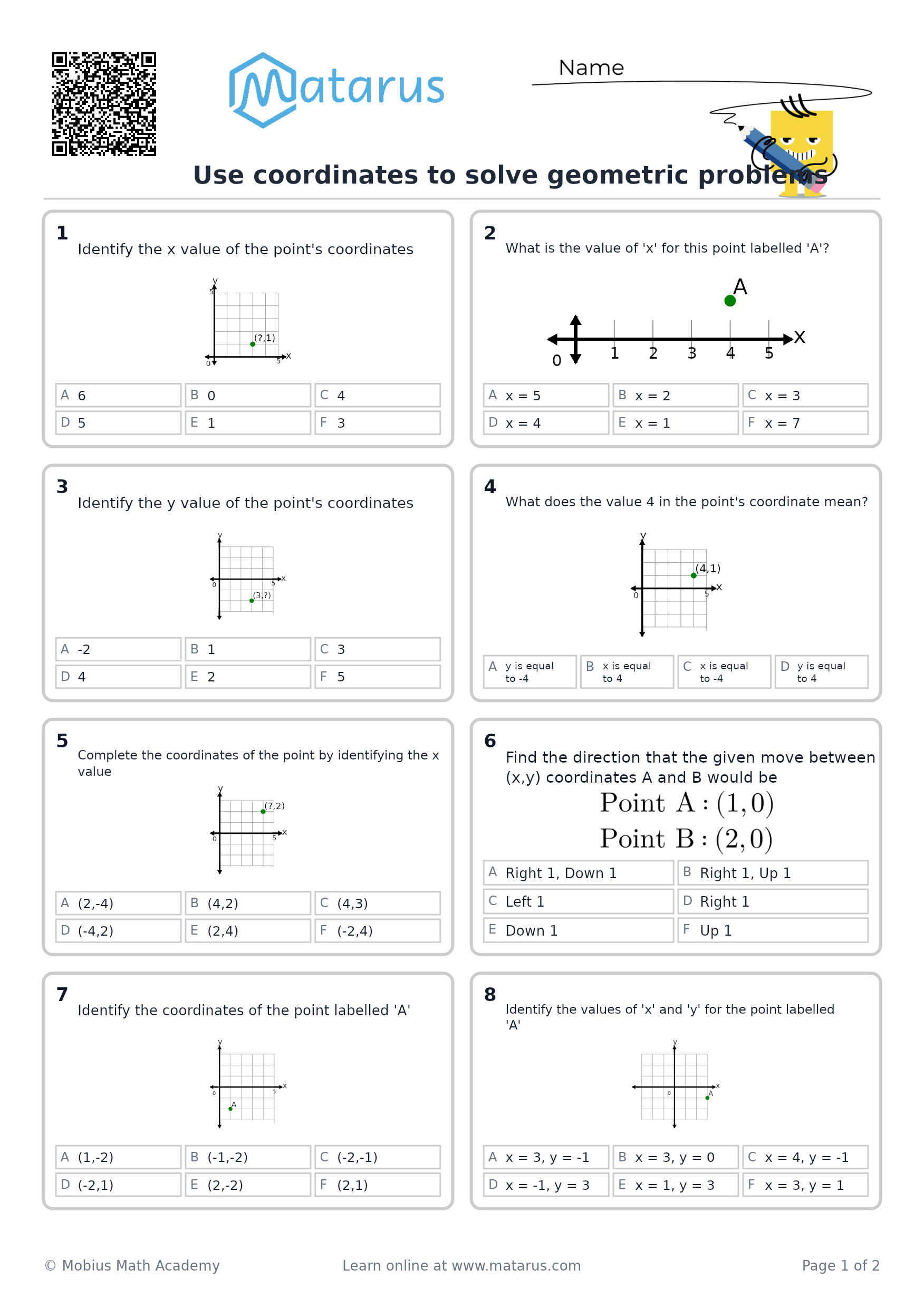 Free downloadable worksheet on grade 6 - Integers and the Coordinate Plane