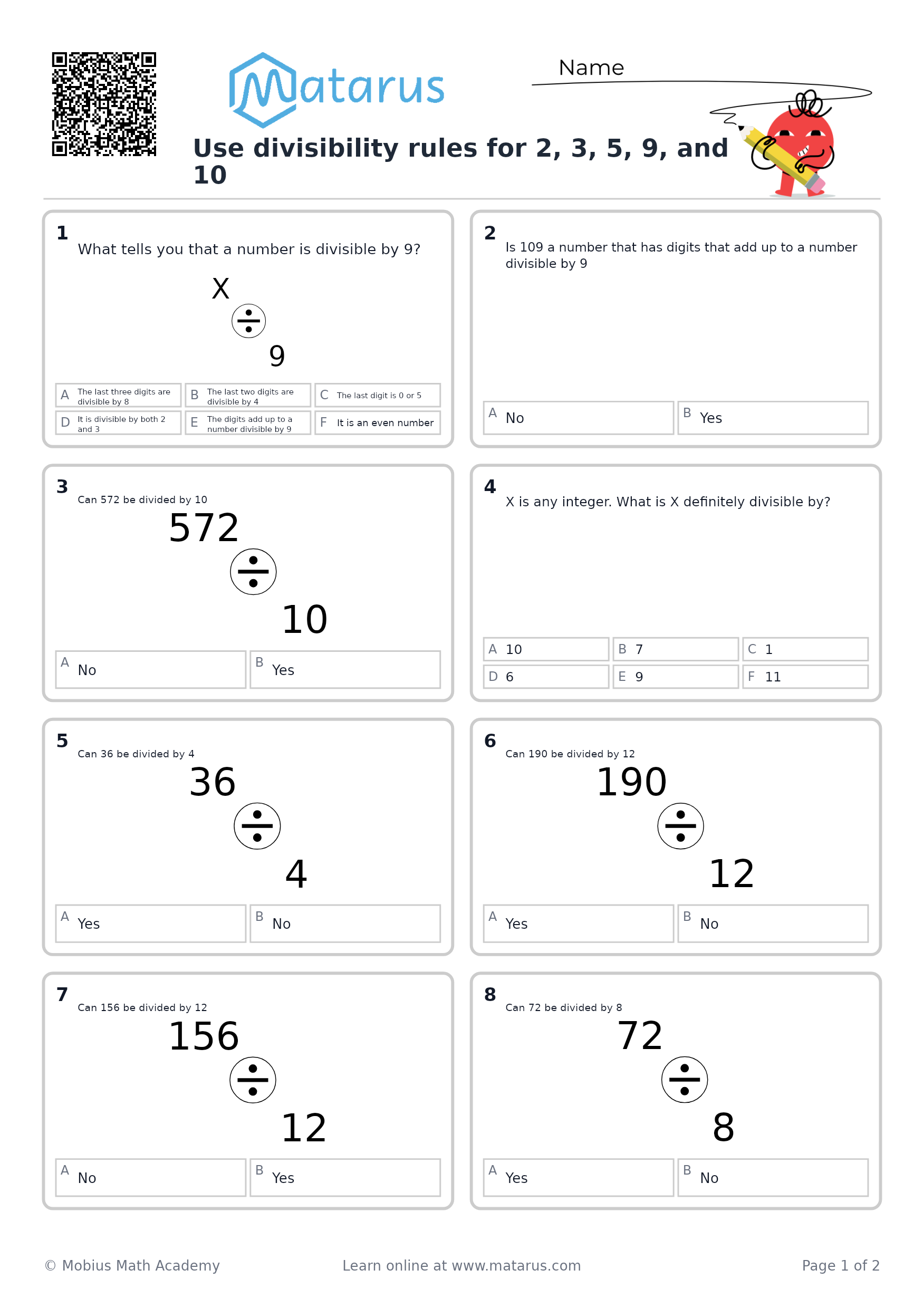 Free downloadable worksheet on grade 6 - Whole Numbers and Operations
