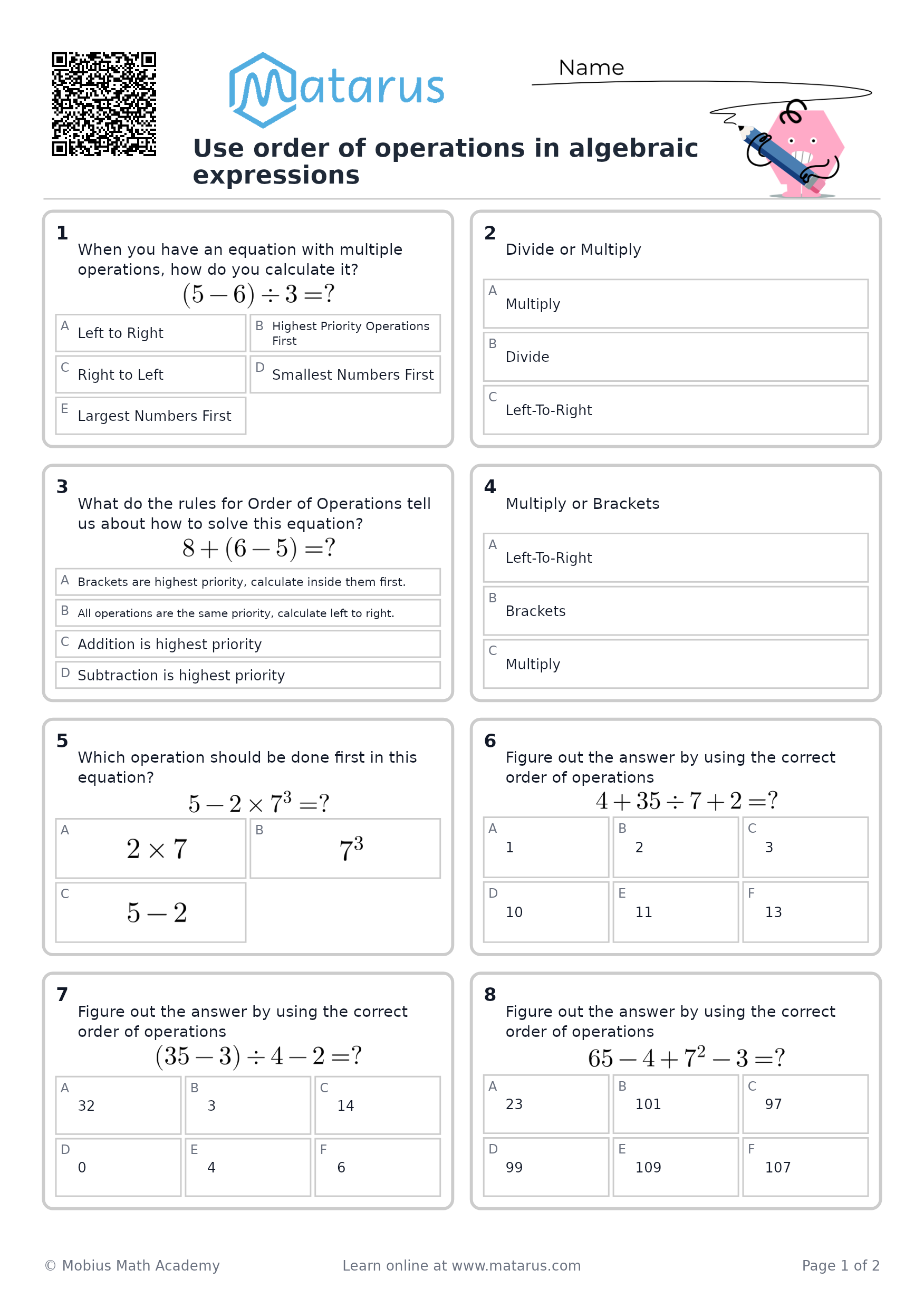 Free downloadable worksheet on grade 6 - Algebraic Expressions and Equations