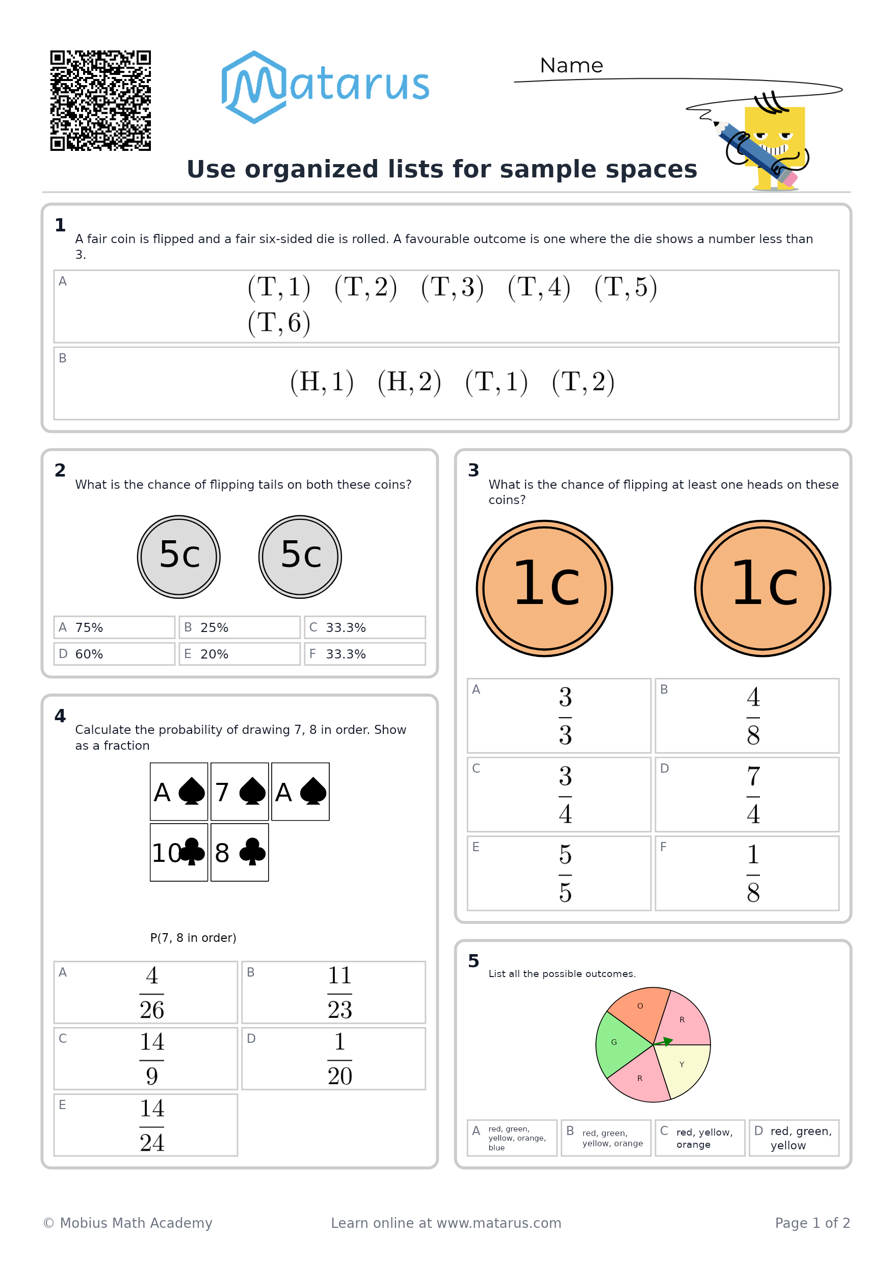 Free downloadable worksheet on grade 6 - Probability