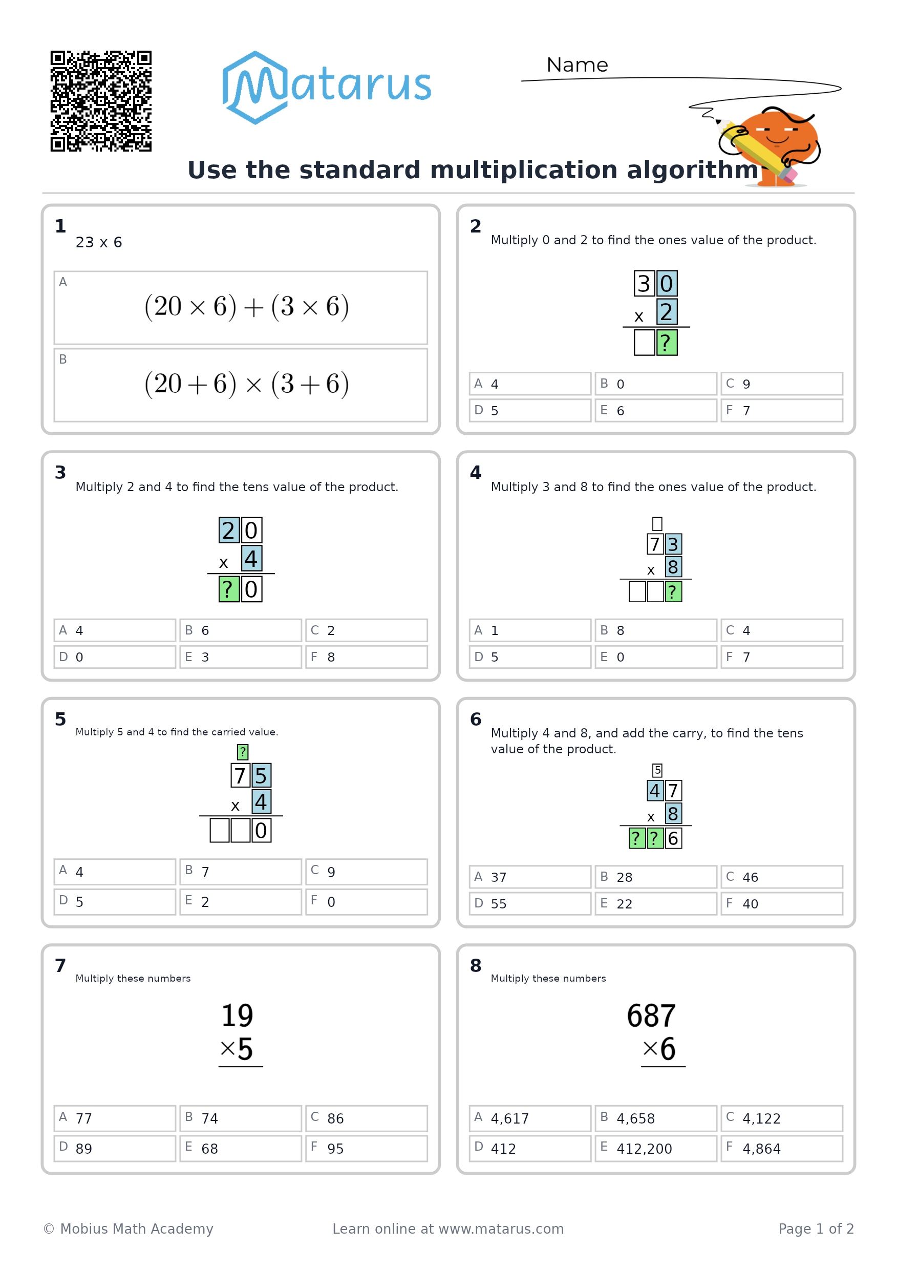 Free downloadable worksheet on grade 6 - Whole Numbers and Operations