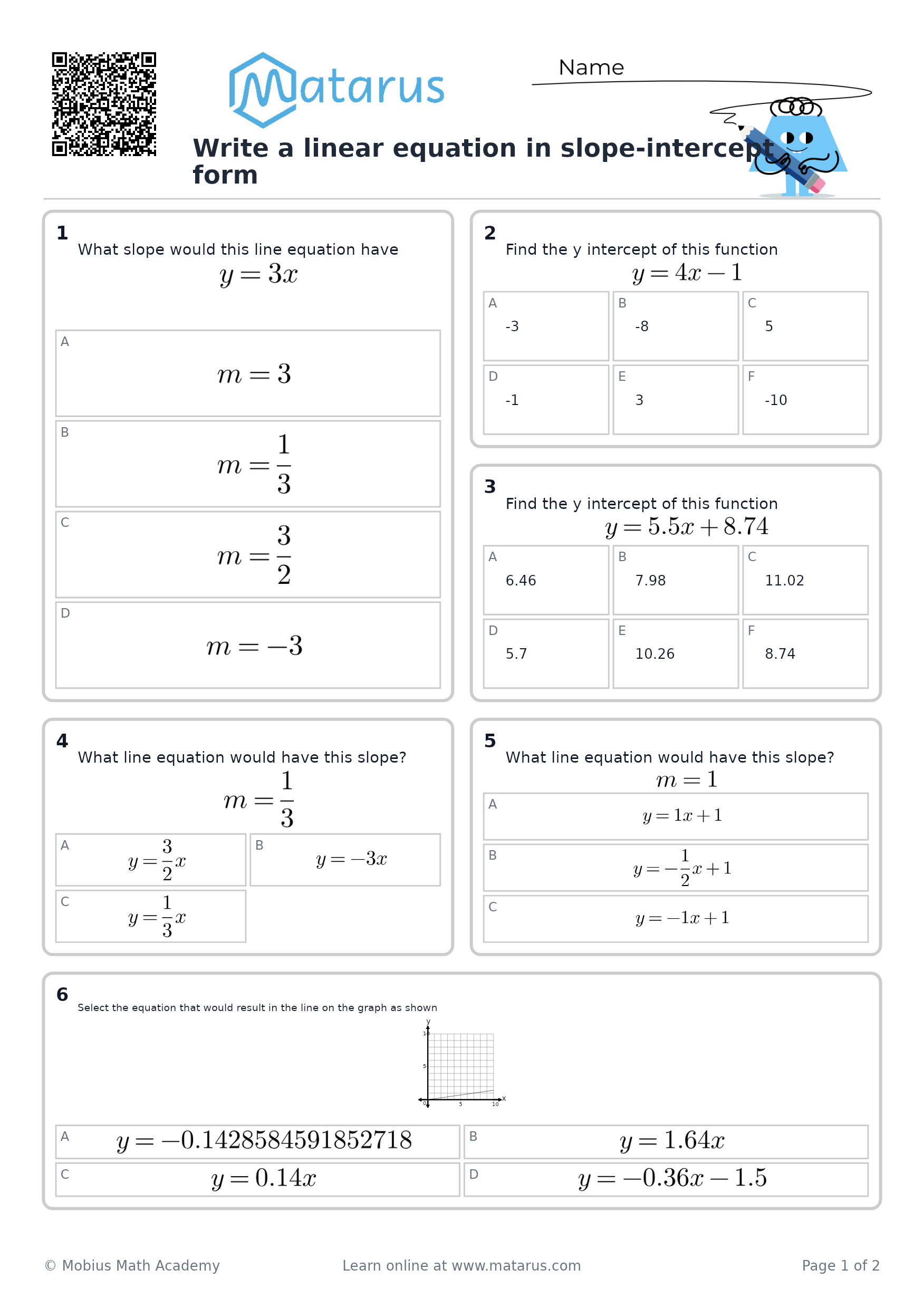 Free downloadable worksheet on grade 10 - Linear Functions