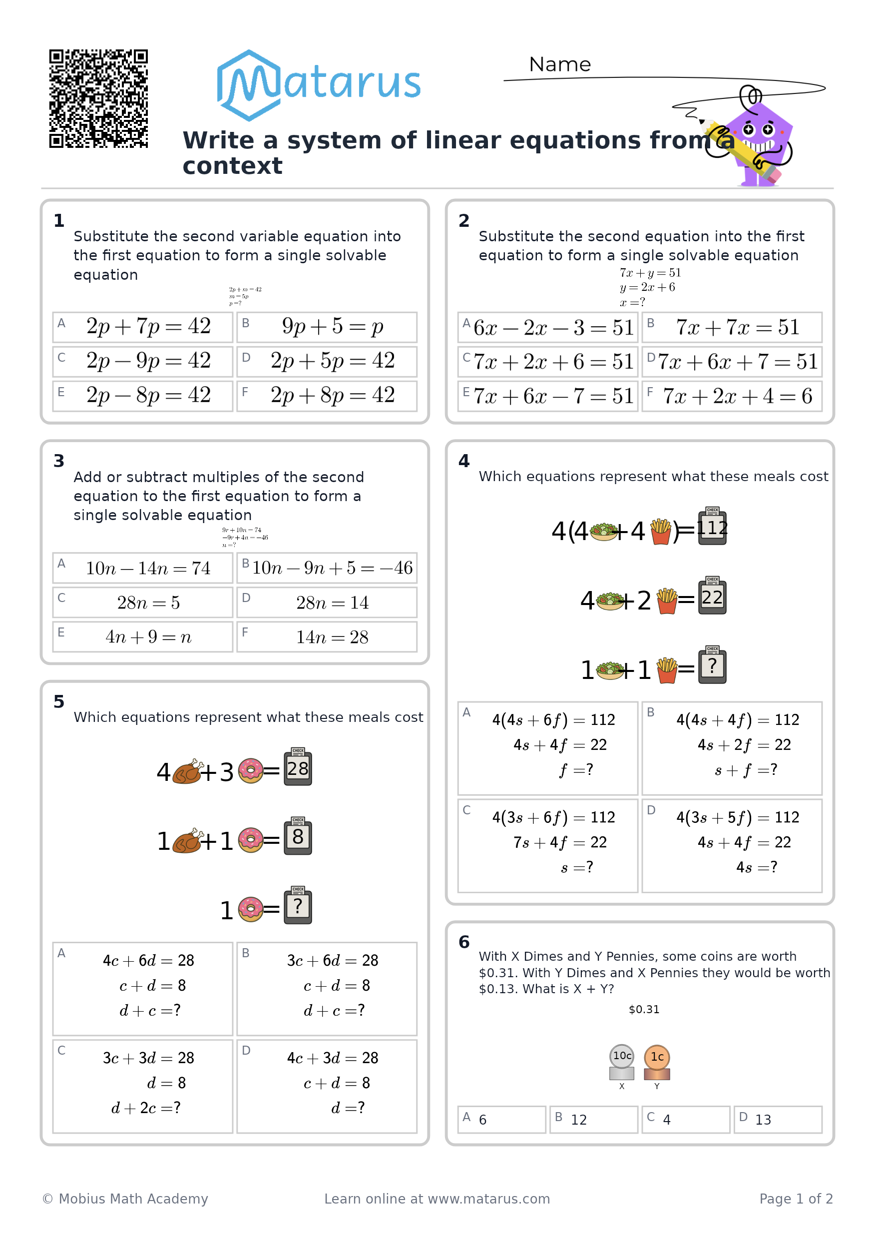 Free downloadable worksheet on grade 9 - Systems of Linear Equations