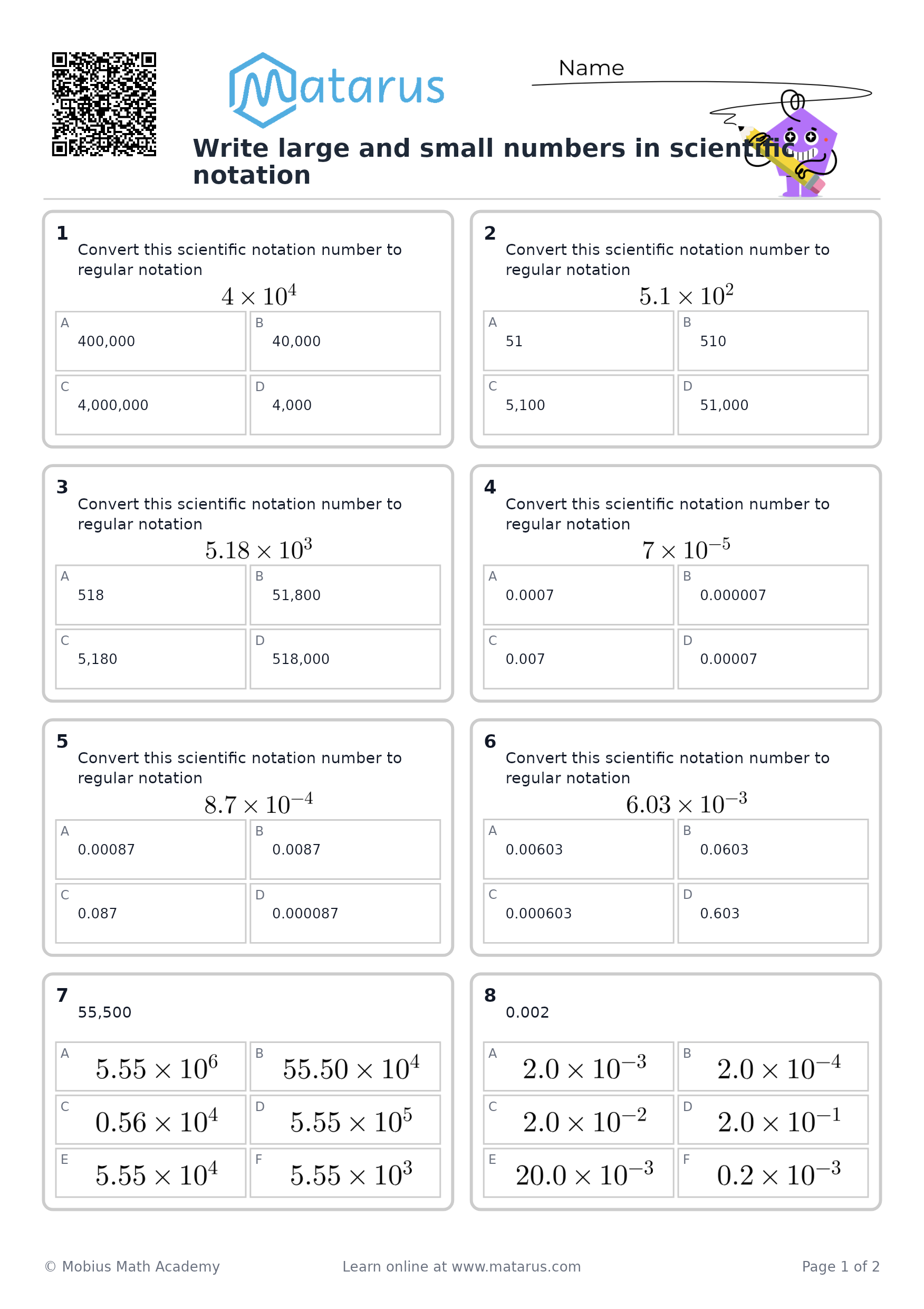 Free downloadable worksheet on grade 8 - Powers, Roots, and Scientific Notation