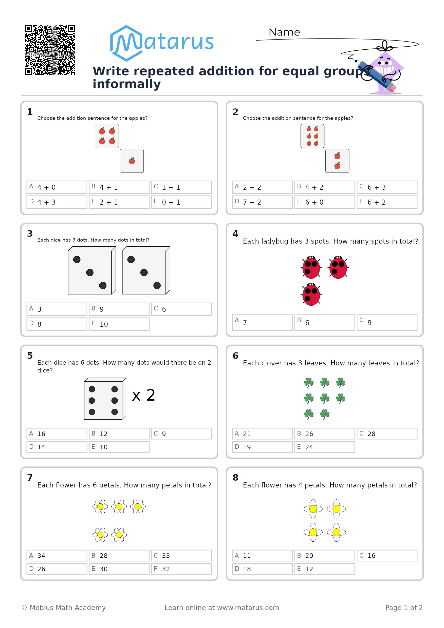 Free downloadable worksheet on grade 1 - Equal Groups Foundations