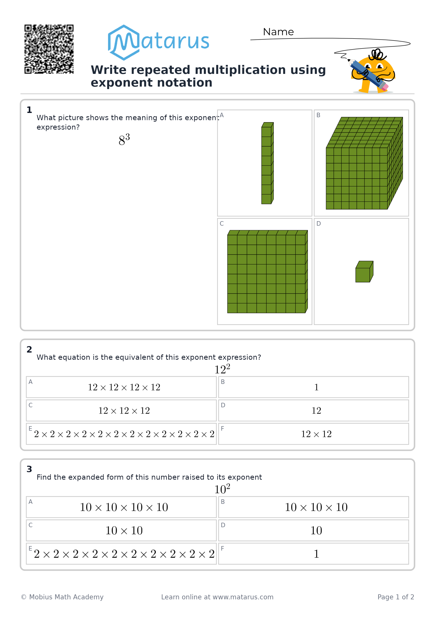 Free downloadable worksheet on grade 7 - Powers and Number Properties