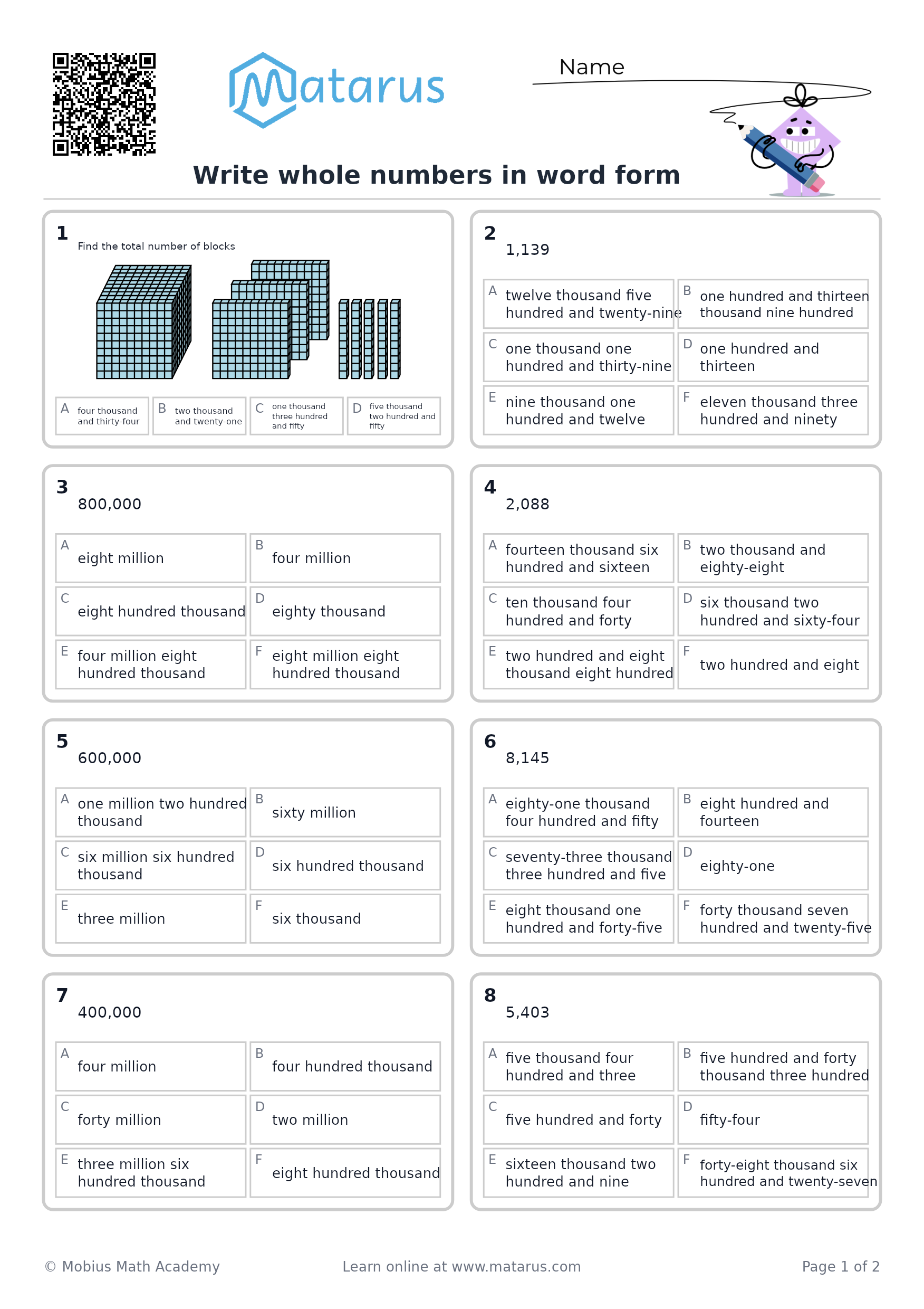 Free downloadable worksheet on grade 5 - Whole Numbers